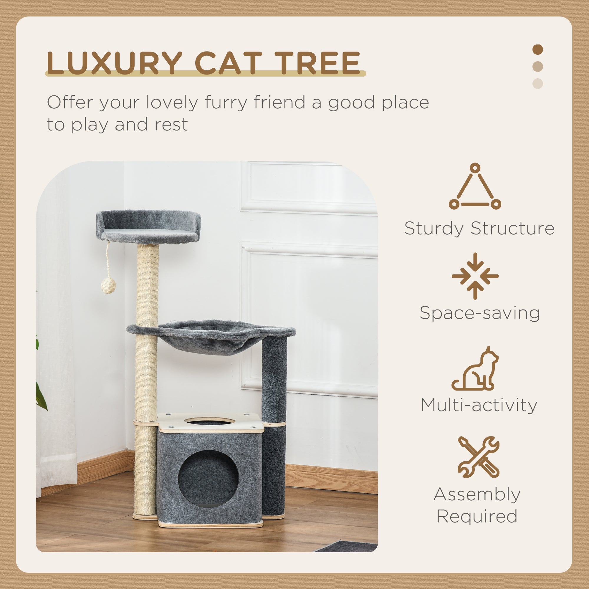 Cat Tree Cat Tower 95cm Climbing Kitten Activity Center with Sisal Scratching Post Perch Roomy Condo Hammock, Grey-3