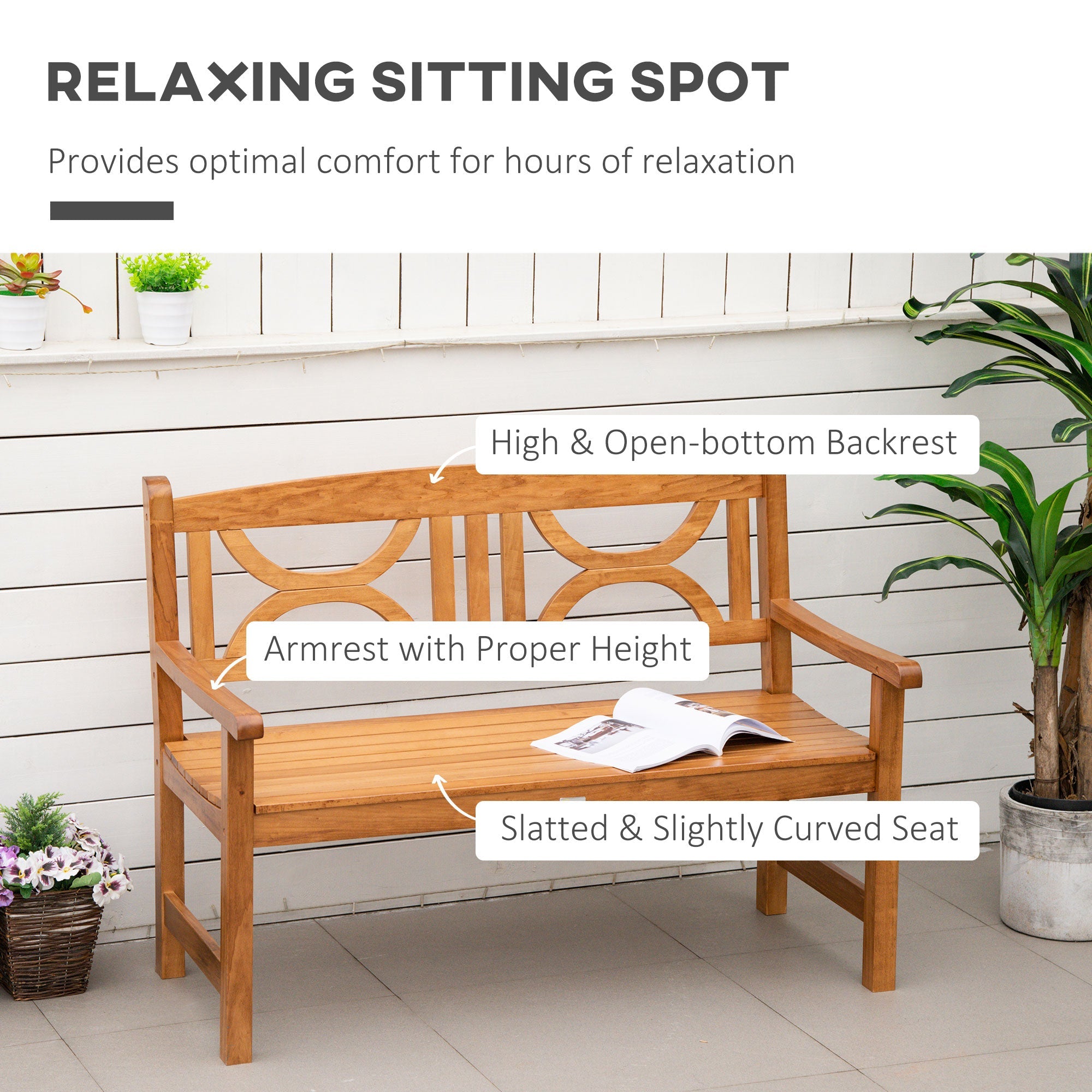 2-Seater Chair, Wooden Garden Bench, Outdoor Patio Loveseat for Yard, Lawn, Porch, Natural-4