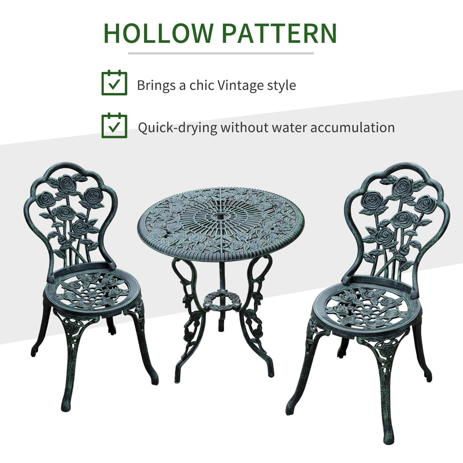 Cast Aluminium Outdoor Patio Garden Bistro Elegant Design Table Chair Set - Green (3-Piece)-4