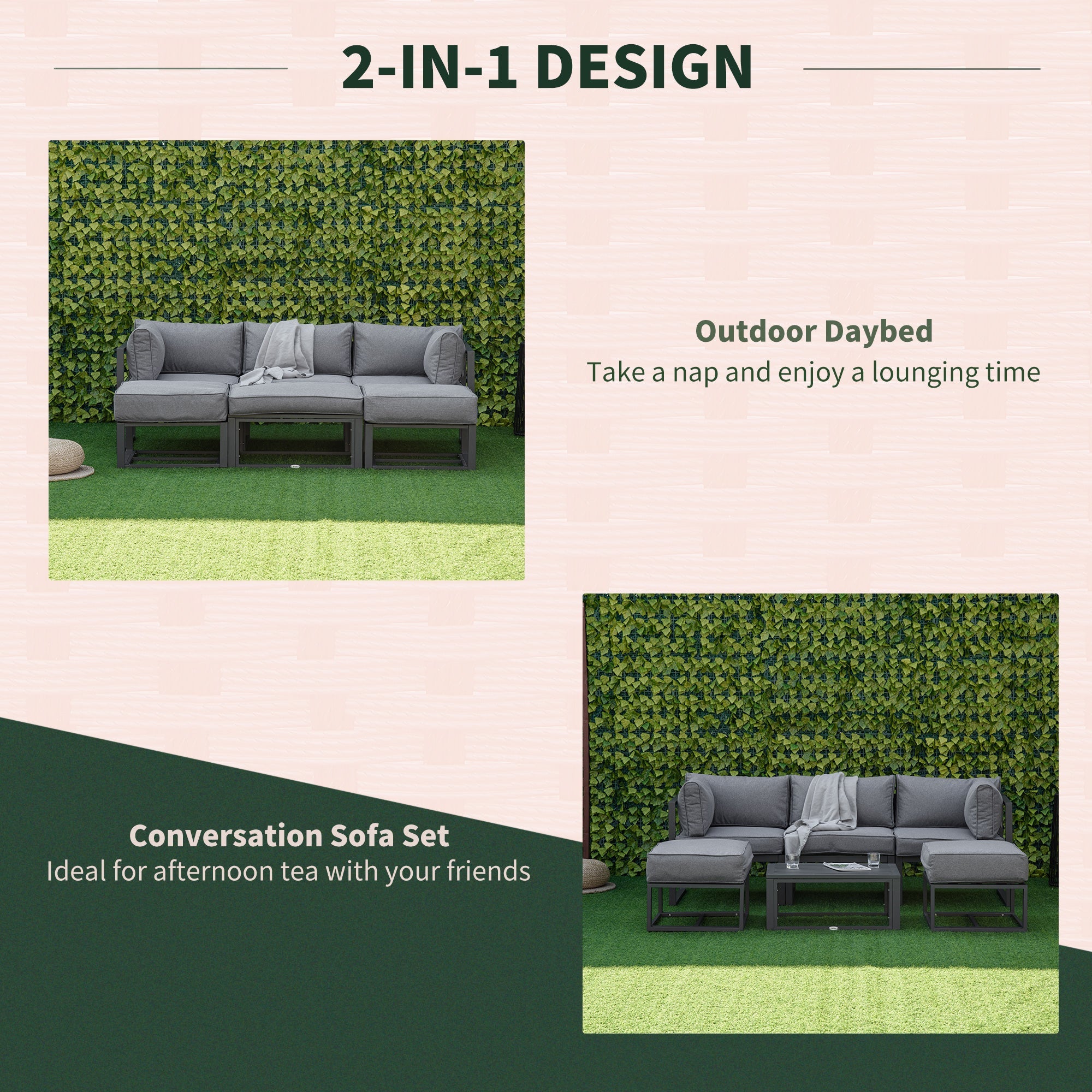 Garden Daybed, 6 Piece Outdoor Sectional Sofa Set, Aluminum Patio Conversation Furniture Set with Coffee Table, Footstool and Cushions, Grey-3