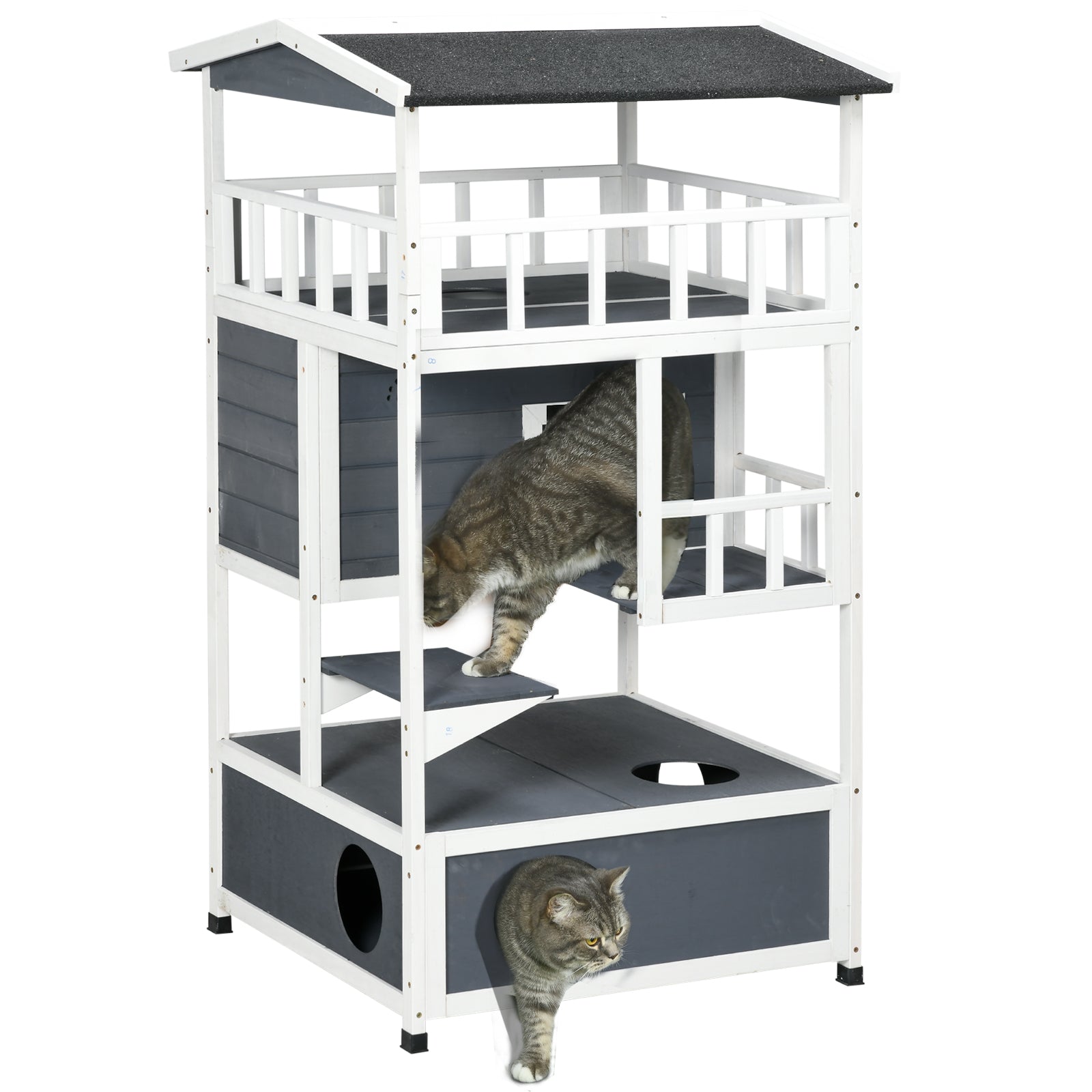 Cats Fir Wood 3-Tier Waterproof Play House Grey-0