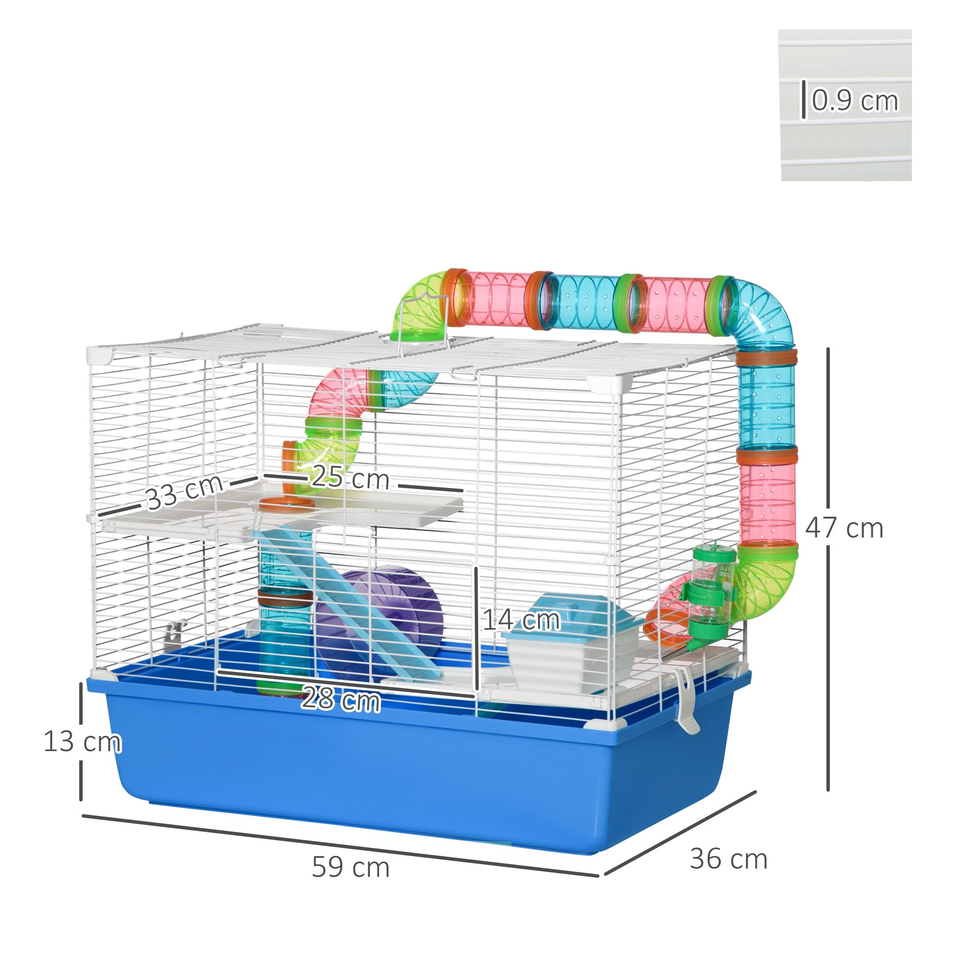 Large Hamster Cage, 3-Level Small Rodents House, with Tube Tunnel, Exercise Wheel, Water Bottle, Food Dish, Ramps, Hut, 59 x 36 x 47 cm, Blue-2