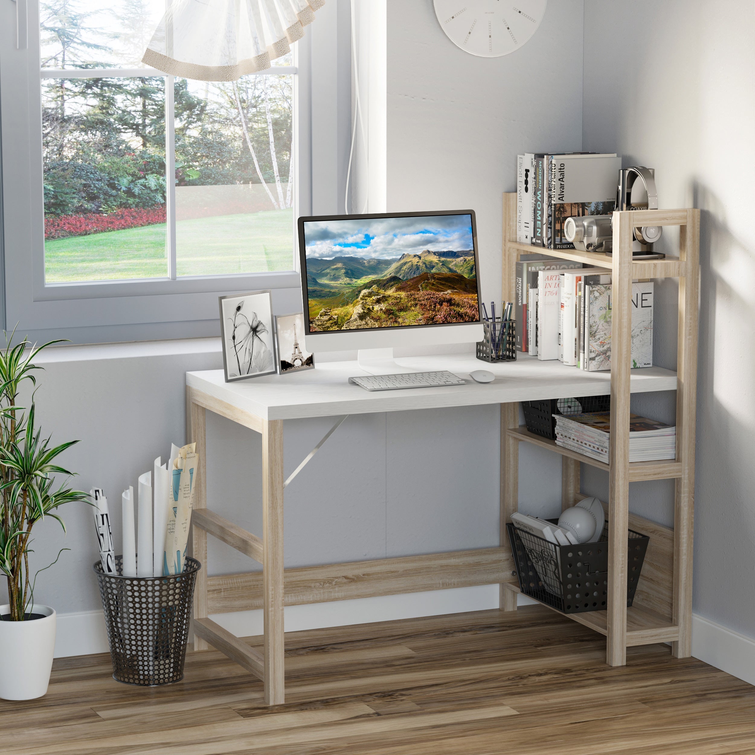 Computer Desk with shelves Office Desk Workstation，Writing Desk Computer PC Laptop Table Workstation, White Wood Grain-0
