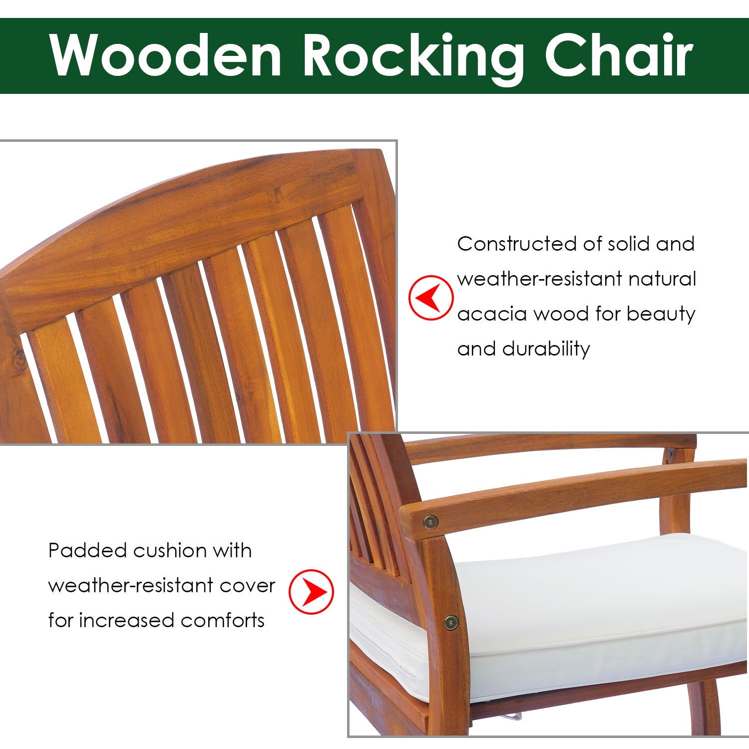 Garden Acacia Wood Rocking Chair Deck Indoor Outdoor Porch Seat Rocker with Cushion-3