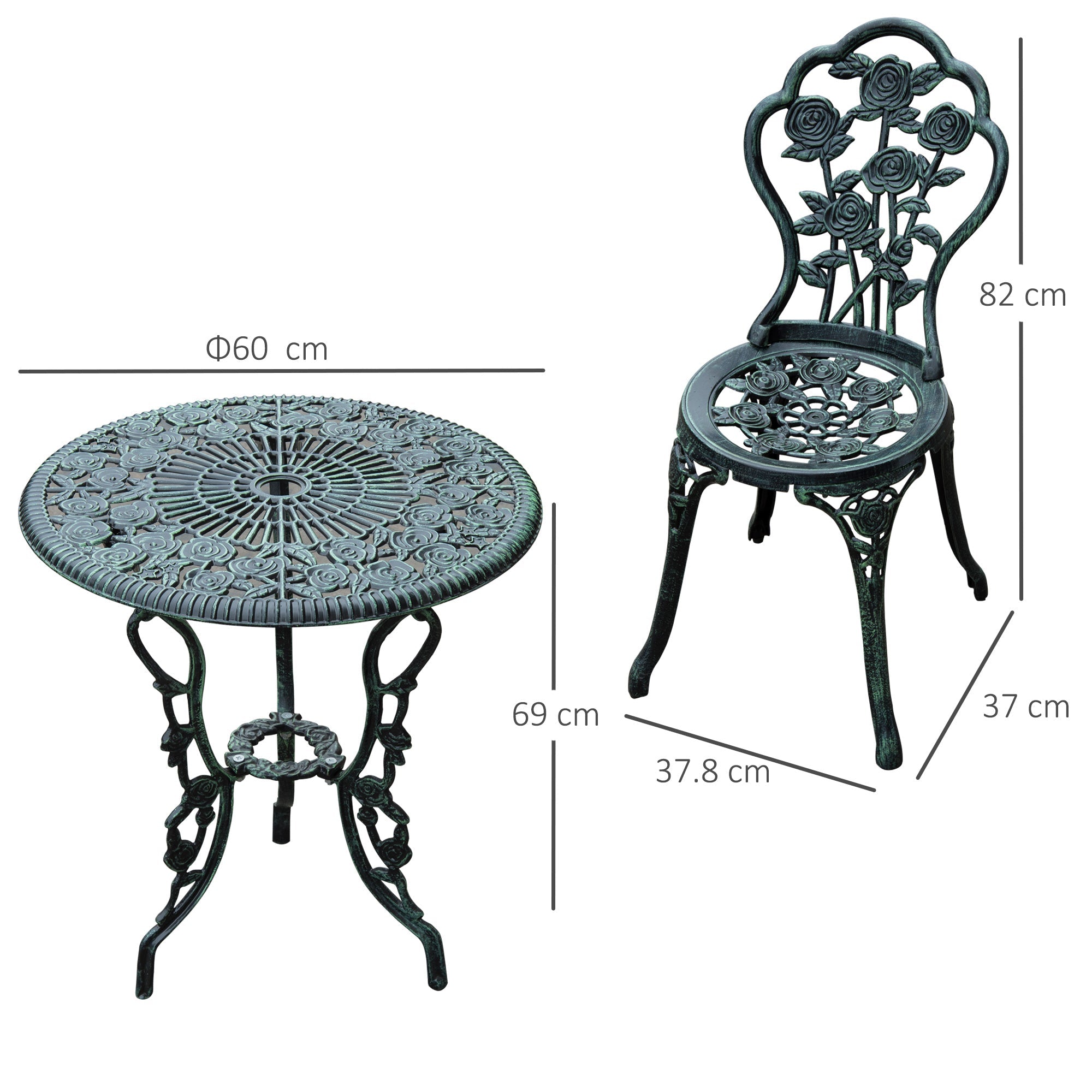 Cast Aluminium Outdoor Patio Garden Bistro Elegant Design Table Chair Set - Green (3-Piece)-2