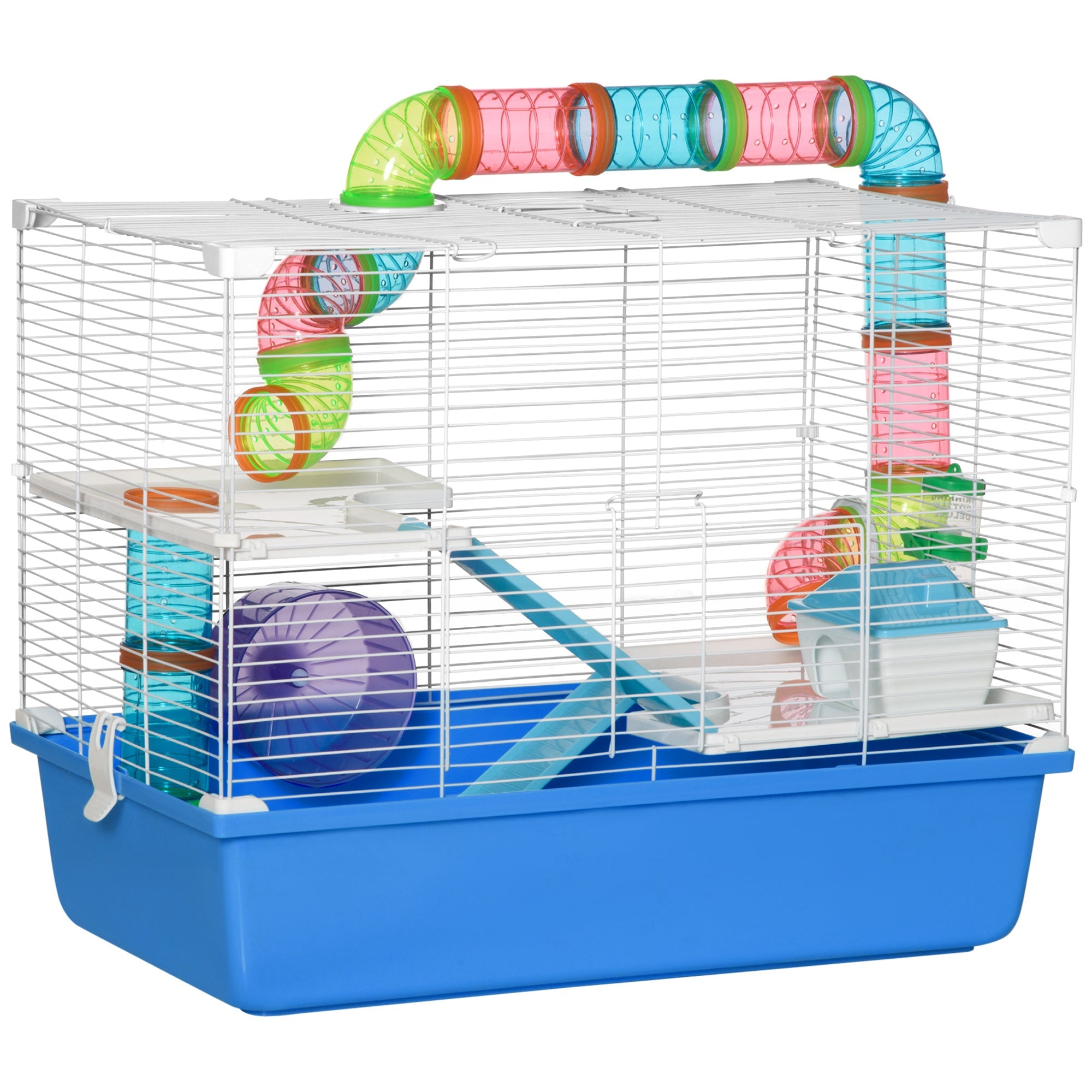 Large Hamster Cage, 3-Level Small Rodents House, with Tube Tunnel, Exercise Wheel, Water Bottle, Food Dish, Ramps, Hut, 59 x 36 x 47 cm, Blue-0