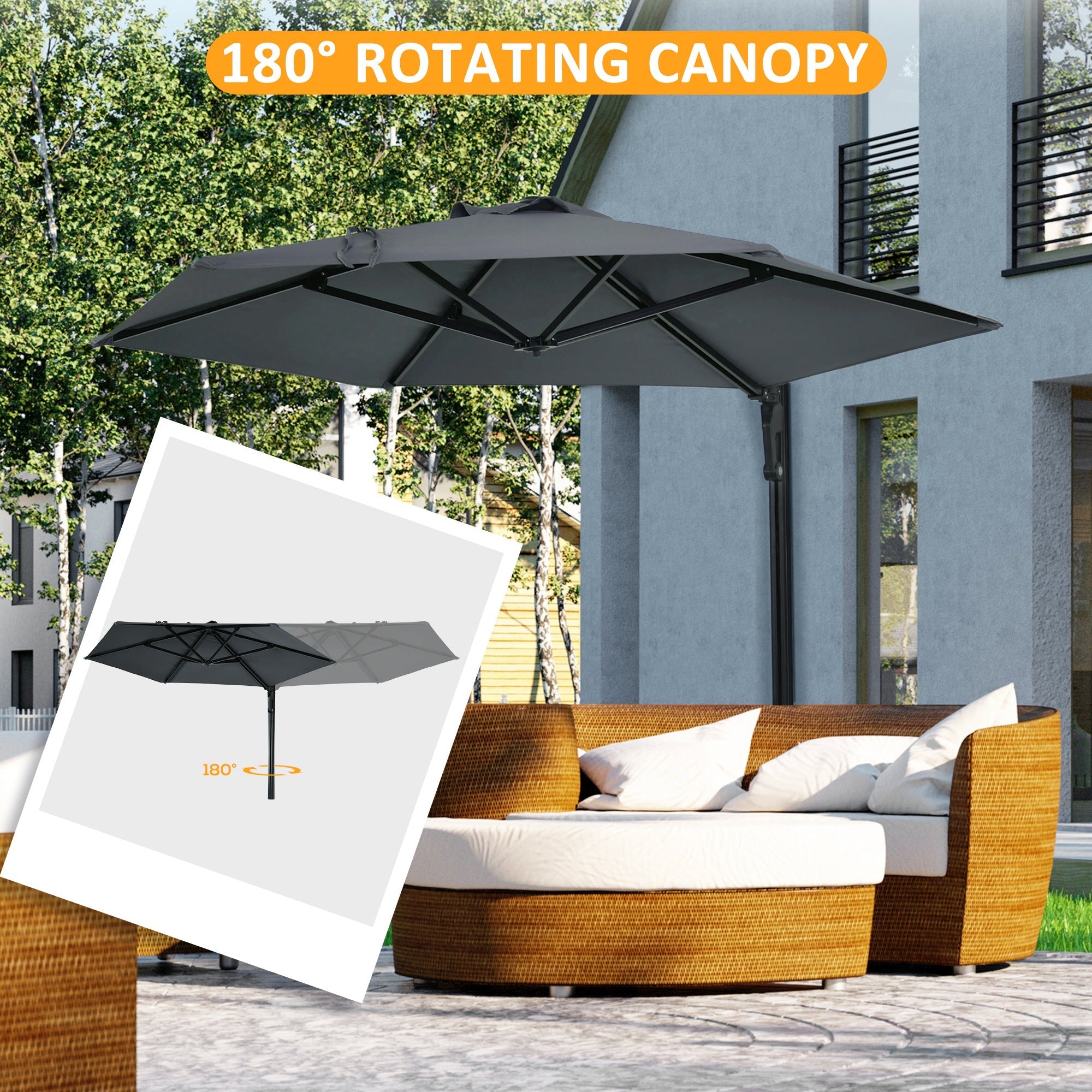 Wall Mounted Parasol, Hand to Push Outdoor Patio Umbrella with 180 Degree Rotatable Canopy for Porch, Deck, Garden, 250 cm, Dark Grey-3