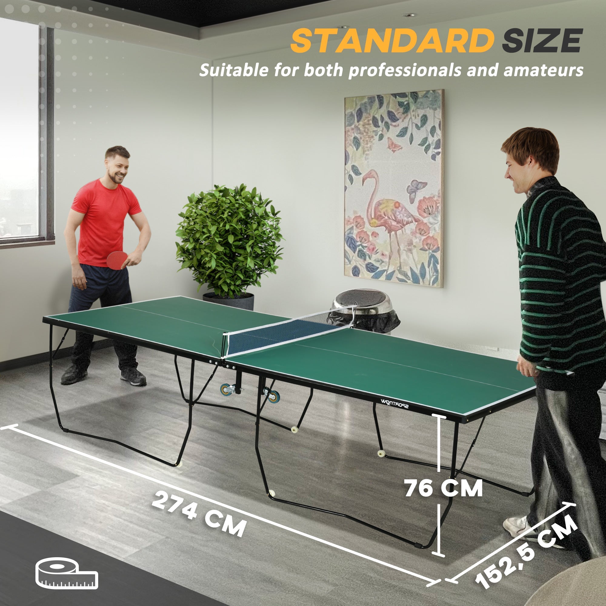 9FT Outdoor Folding Table, Tennis Table, with 8 Wheels, for Indoor and Outdoor Use - Green-3