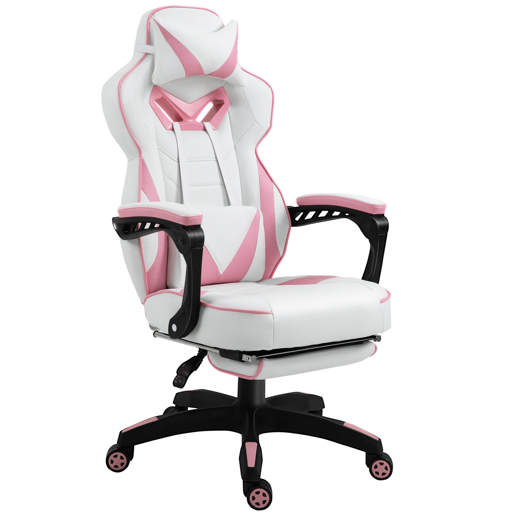 Ergonomic Racing Gaming Chair Office Desk Chair Adjustable Height Recliner with Wheels, Headrest, Lumbar Support, Retractable Footrest, Pink-0