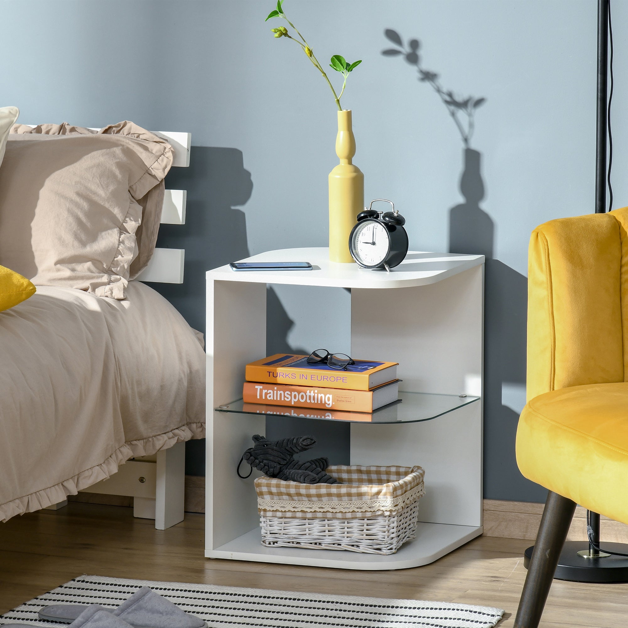 Modern Side Table Three Layer Bedside Table Nightstand with 2 Storage Shelves, for Living room, Bedroom, White-1