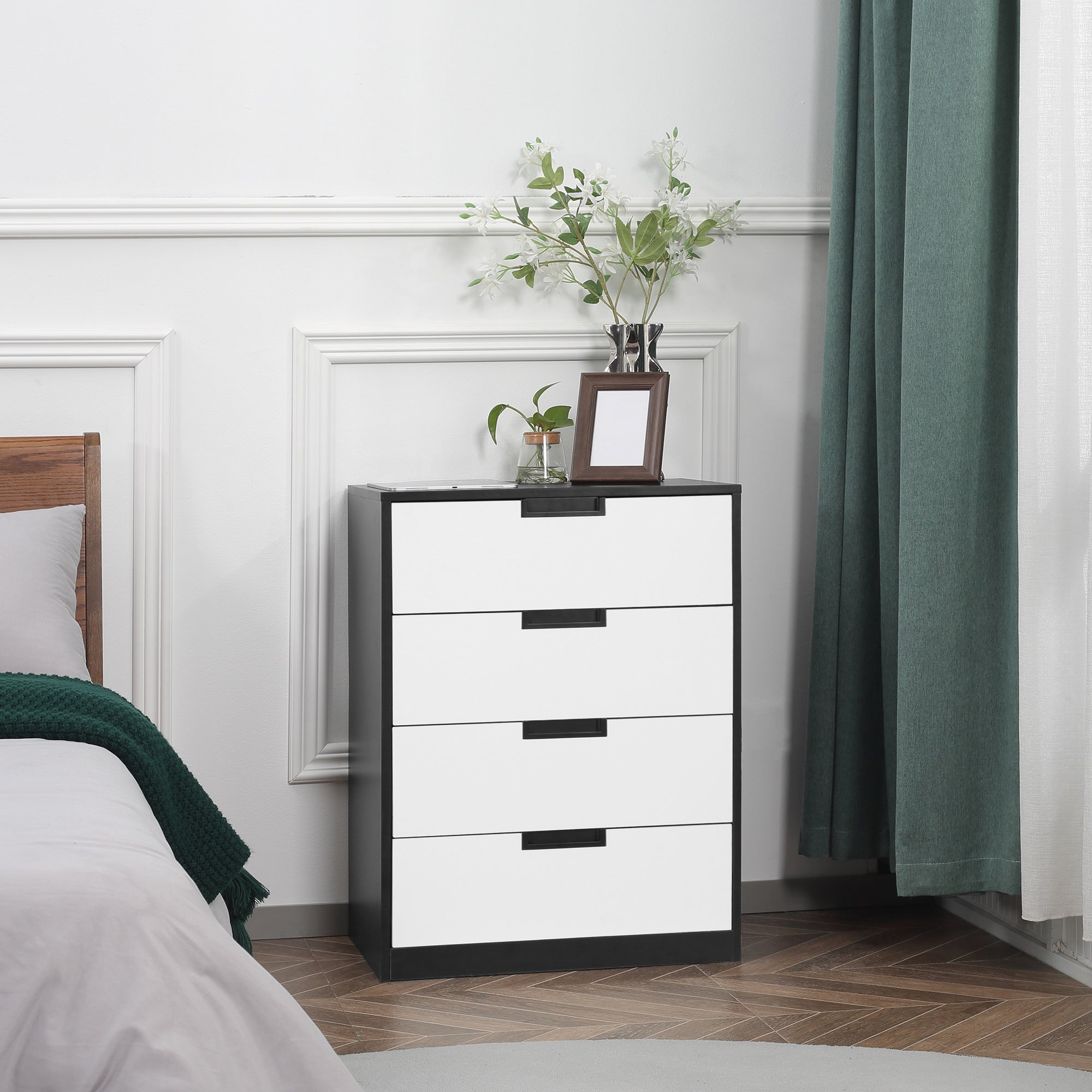 Drawer Chest, 4-Drawer Storage Cabinet Organiser for Bedroom, Living Room, 60cmx40cmx80cm, White and Black-1