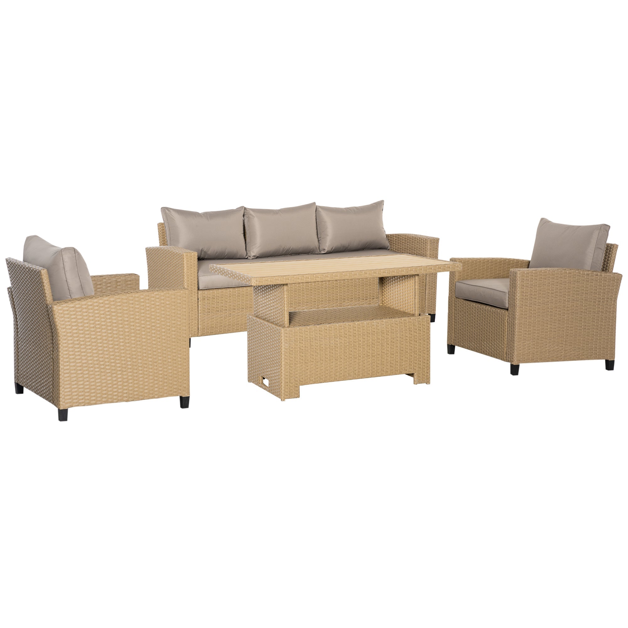 5-Seater Garden PE Rattan Sofa Set, Patio Wicker Aluminium Frame Conversation w/ Wood Grain Plastic Table, Khaki-0