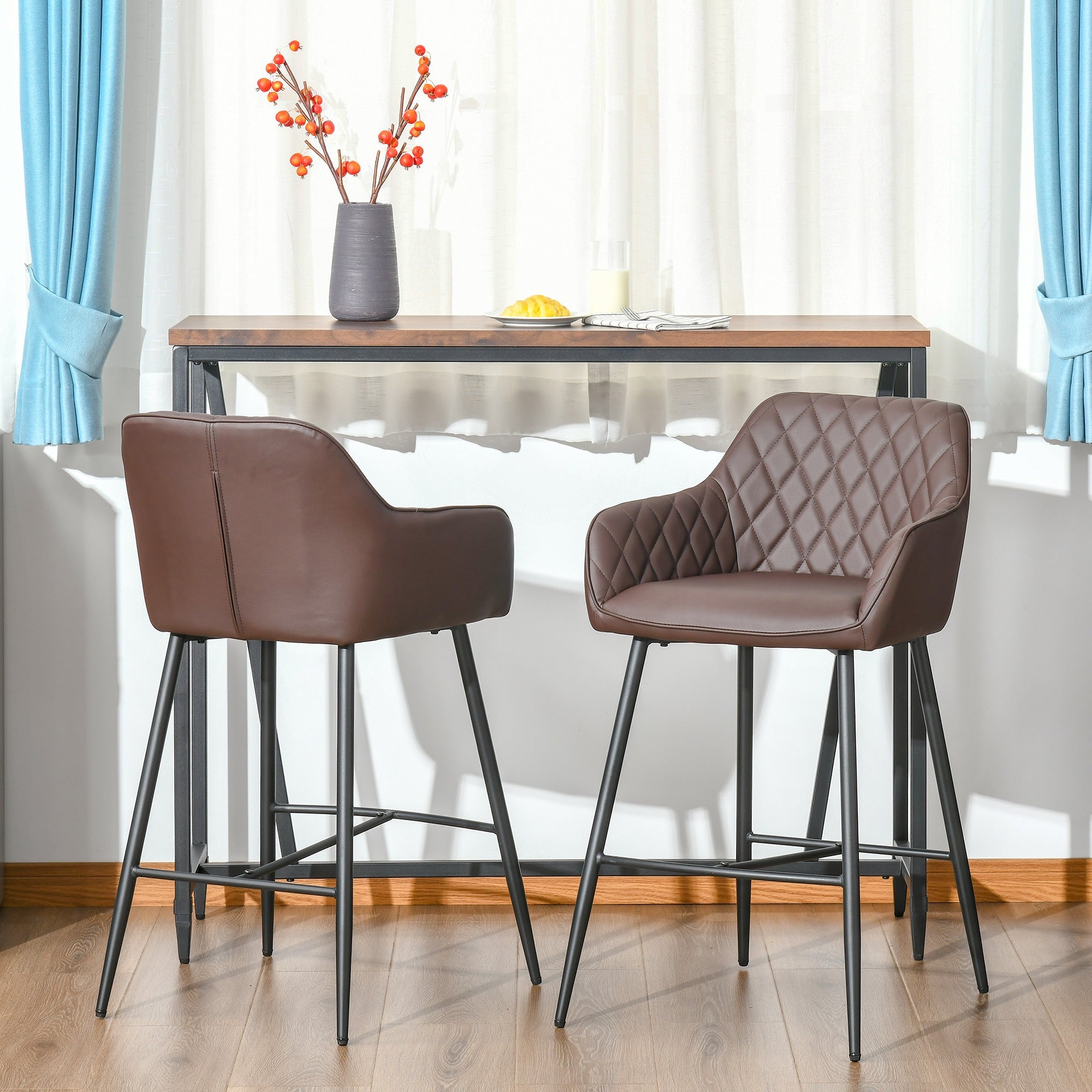 Set of 2 Bar stools With Backs Retro PU Leather Bar Chairs w/ Footrest Metal Frame Comfort Support Stylish Dining Seating Home Brown-1