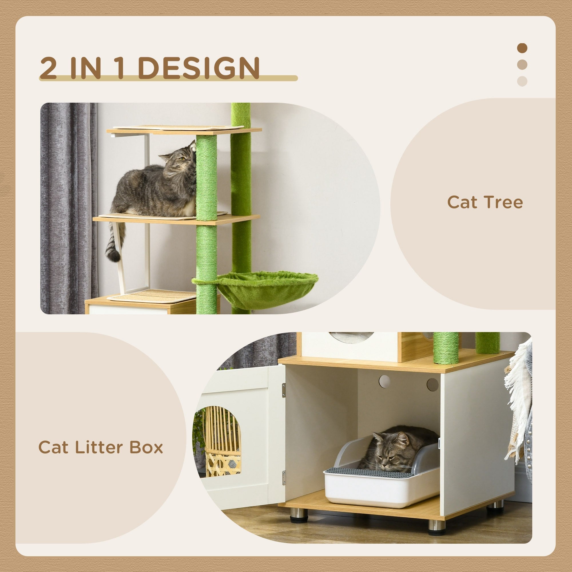 Cat Tree with Cat Litter Box for Indoor Cats, Cat Enclosure with Scratching Post, Cat Condo, Hammock, Platforms, Removable Cushions, Oak-3