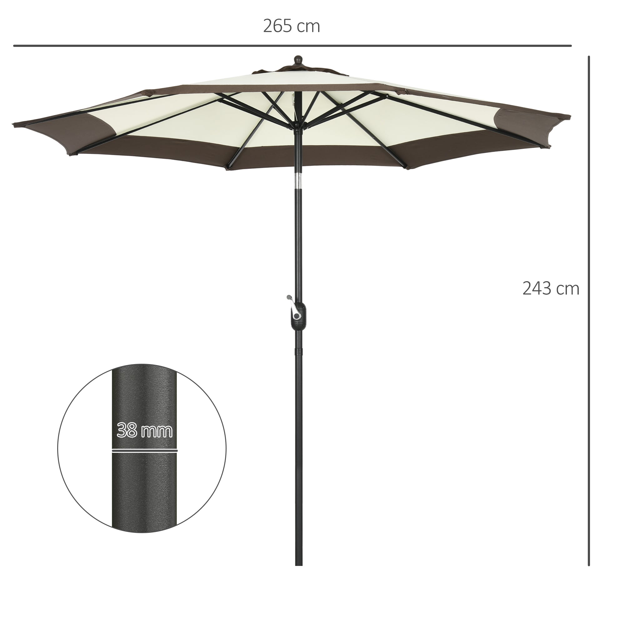 2.7m Garden Parasol Umbrella with 8 Metal Ribs, Tilt and Crank, Outdoor Sunshades for Garden, Patio, Beach, Yard, Coffee-2