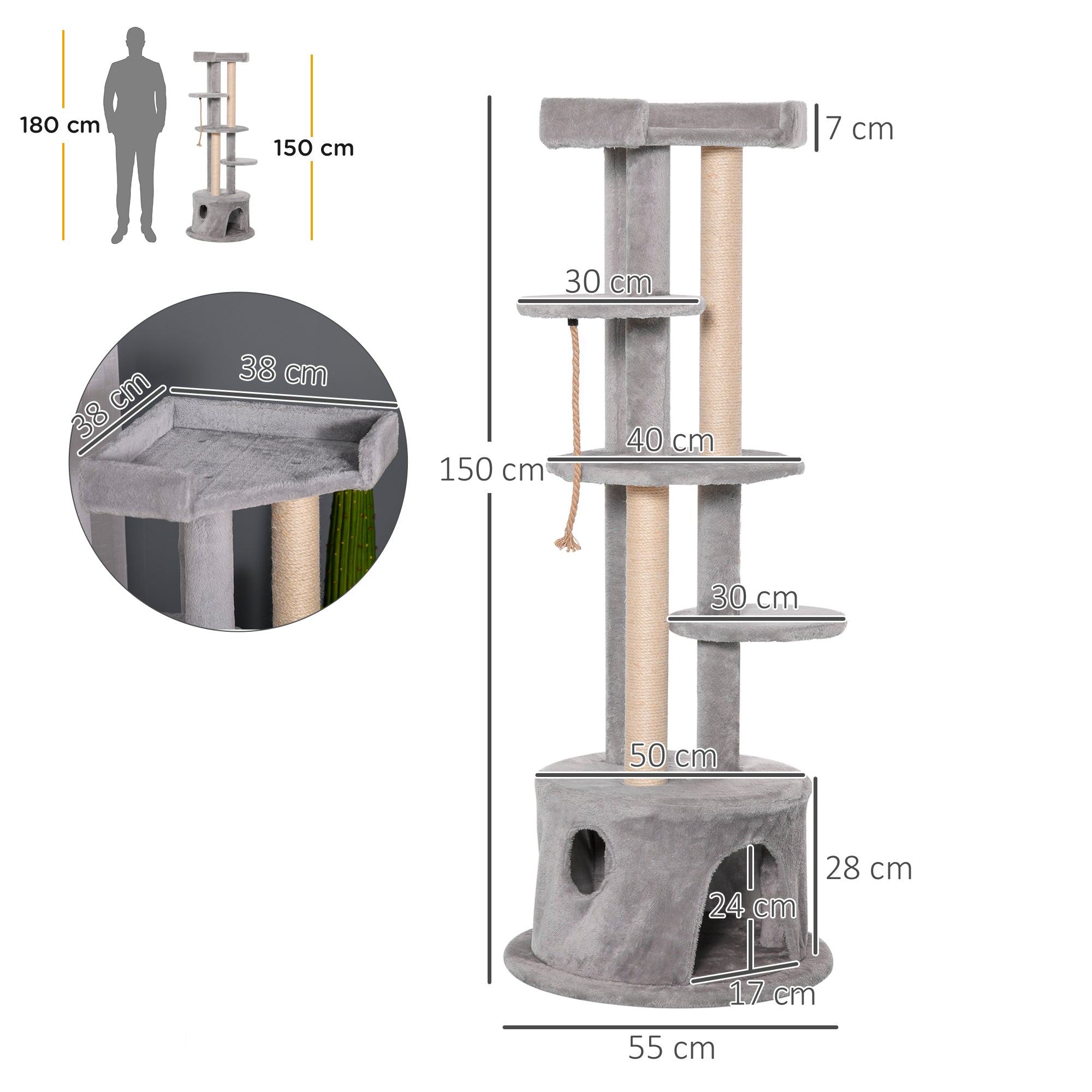 Cat Tree Kitten Tower Multi-level Activity Centre Pet Furniture with Scratching Post Condo Hanging Ropes Plush Perches Grey-2