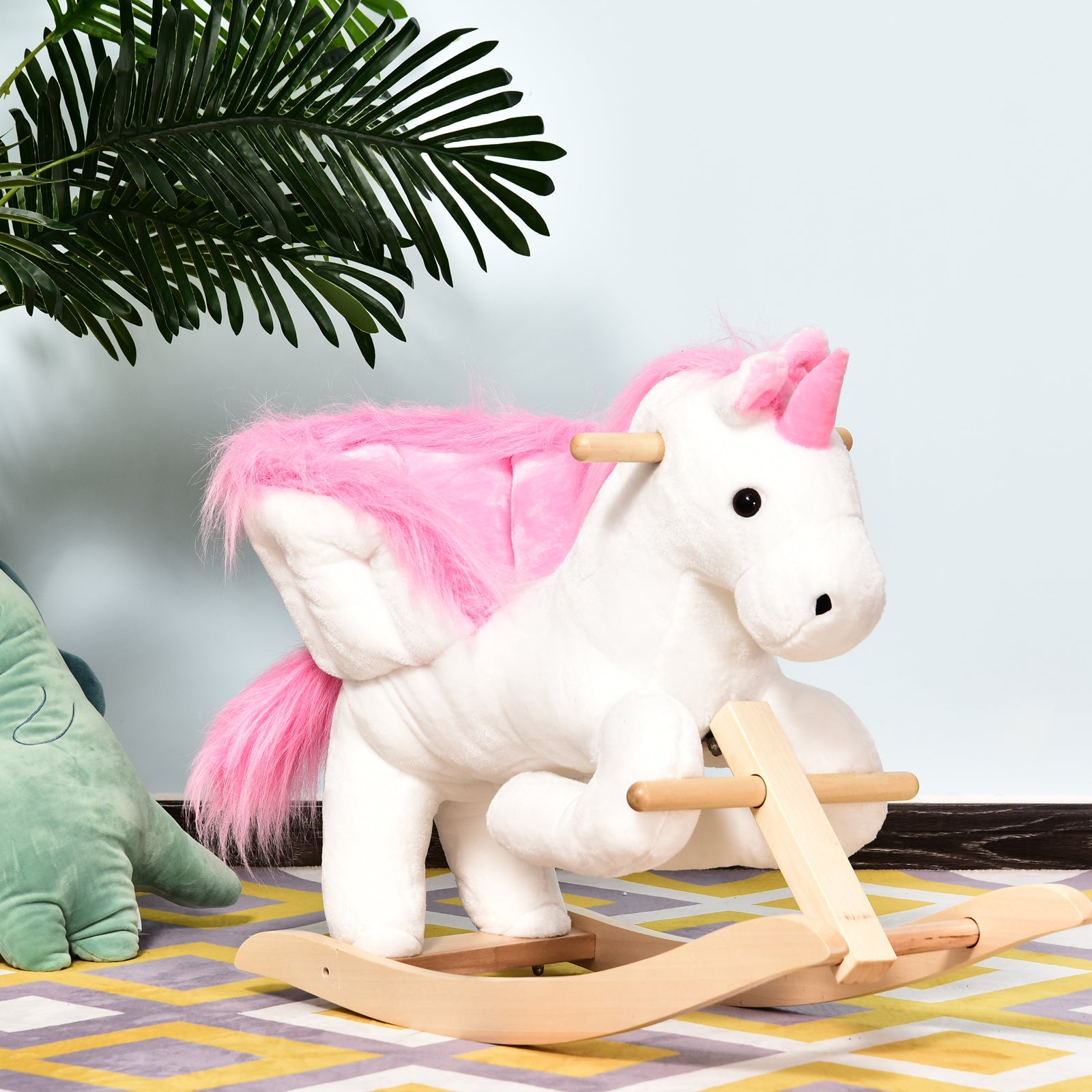 Unicorn Rocking Horse Kids Wooden Ride On Plush Toy w/ Music-1