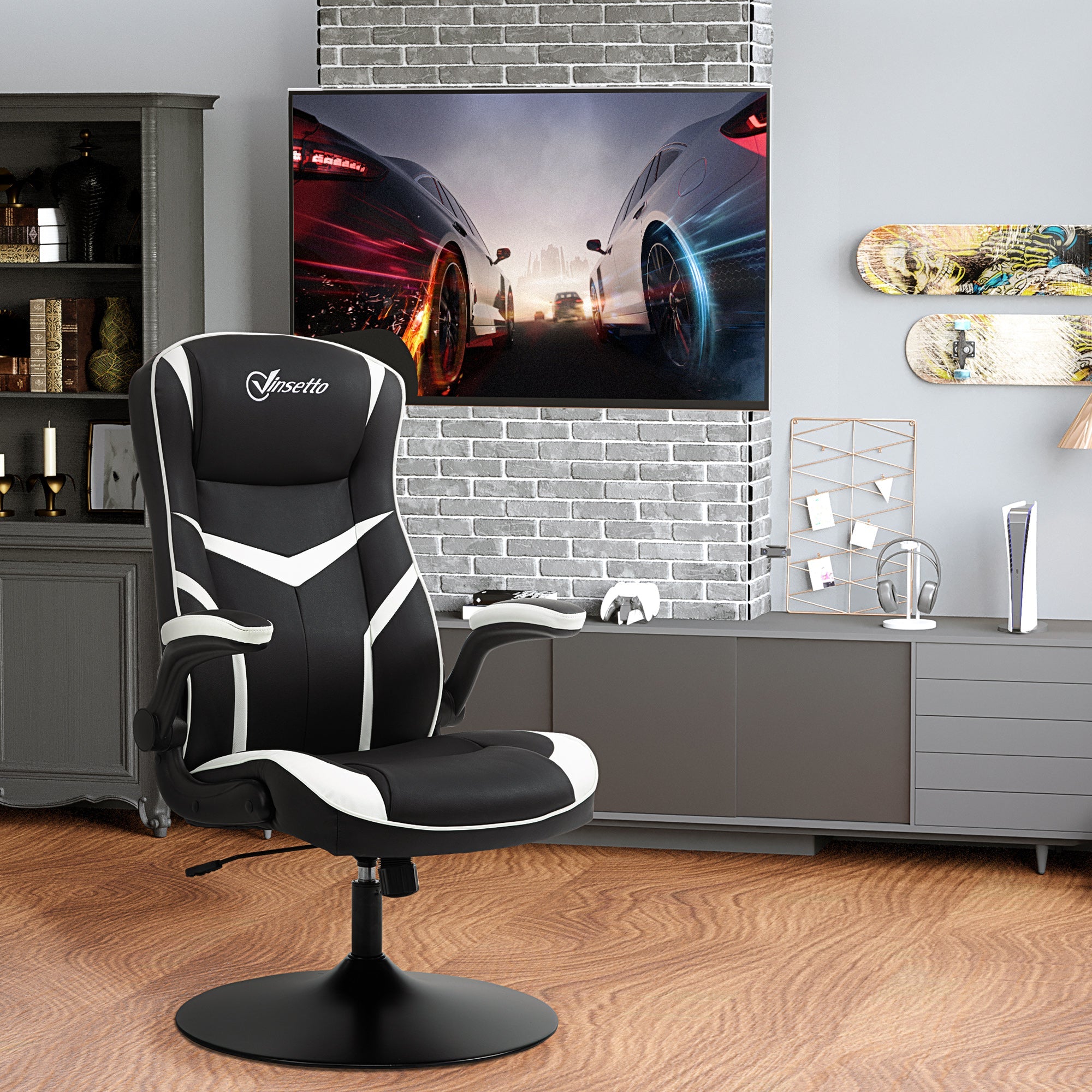 Gaming Chair Ergonomic Computer Chair Home Office Desk Swivel Chair w/ Adjustable Height Pedestal Base PVC Leather, Black & White-1