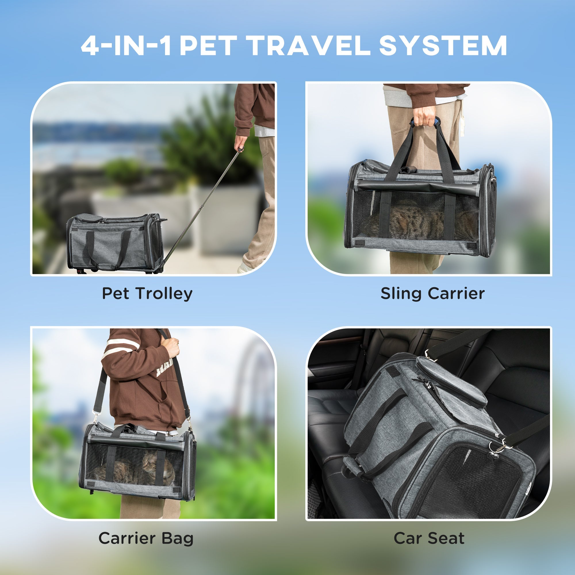 4 in 1 Pet Carrier Portable Cat Carrier Foldable Dog Bag On Wheels for Cats, Miniature Dogs w/ Telescopic Handle, Grey-4