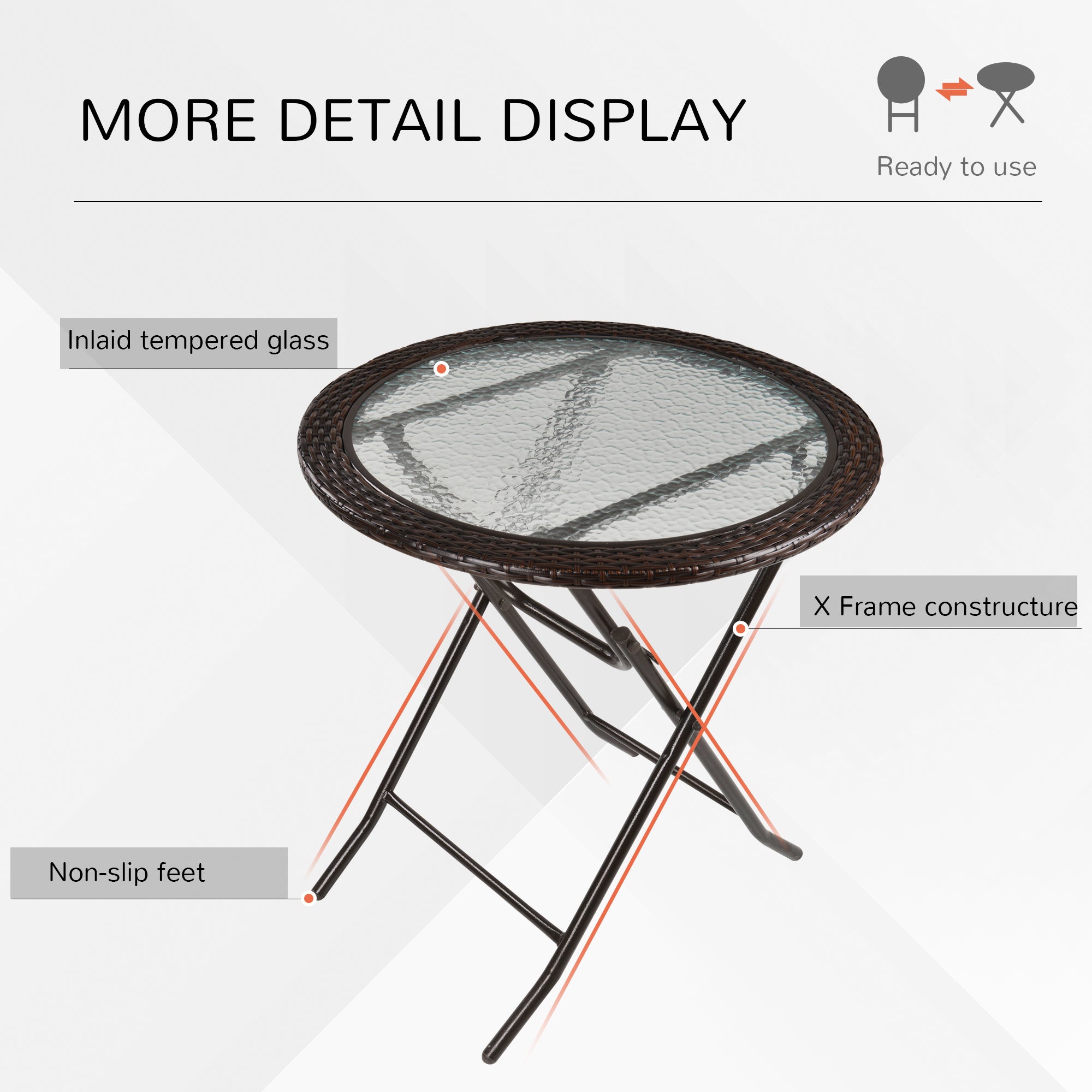 Folding Round Tempered Glass Metal Table with Brown Rattan Edging-4
