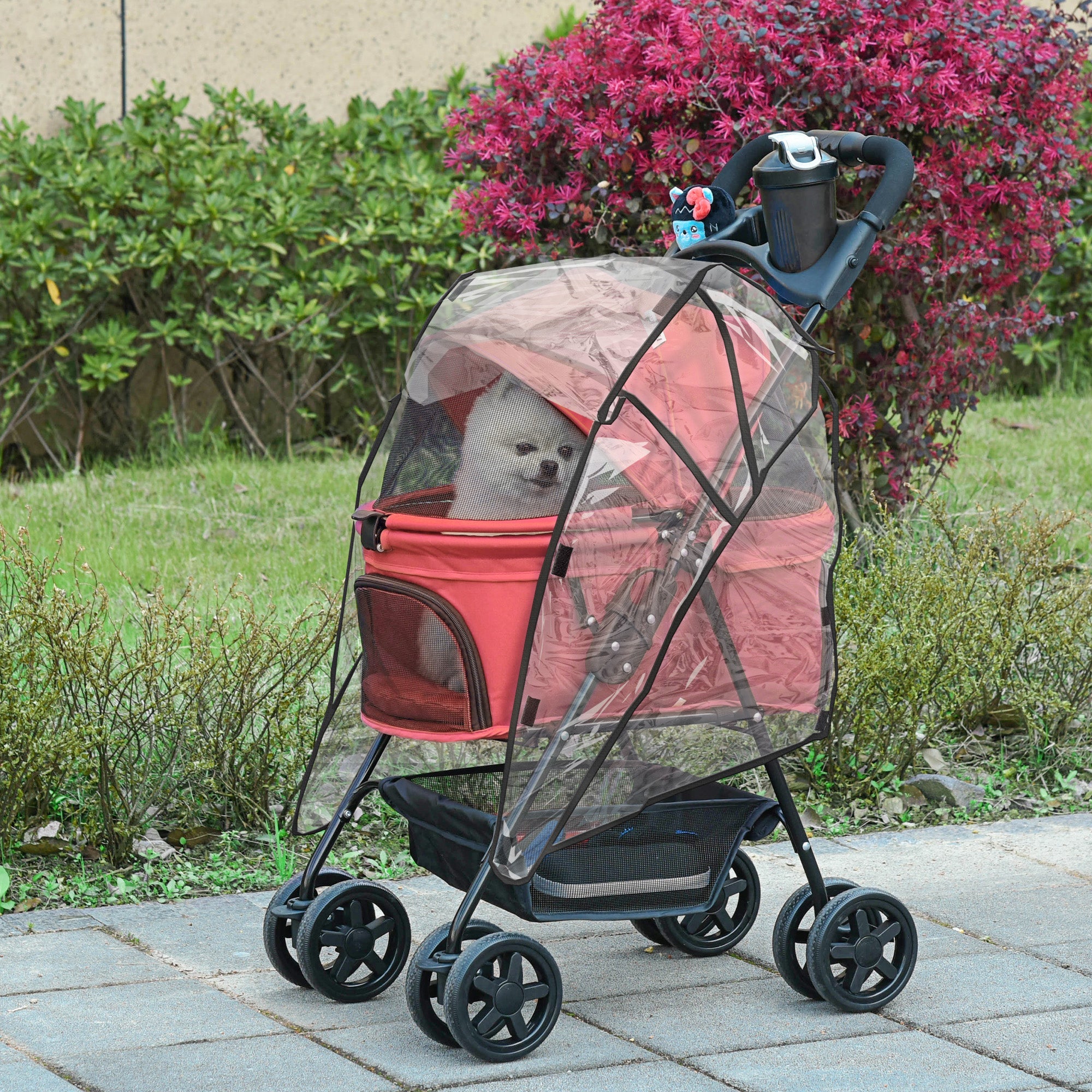 Dog Stroller with Rain Cover, Dog Pushchair One-Click Fold Trolley with EVA Wheels Brake Basket Adjustable Canopy Safety Leash-1