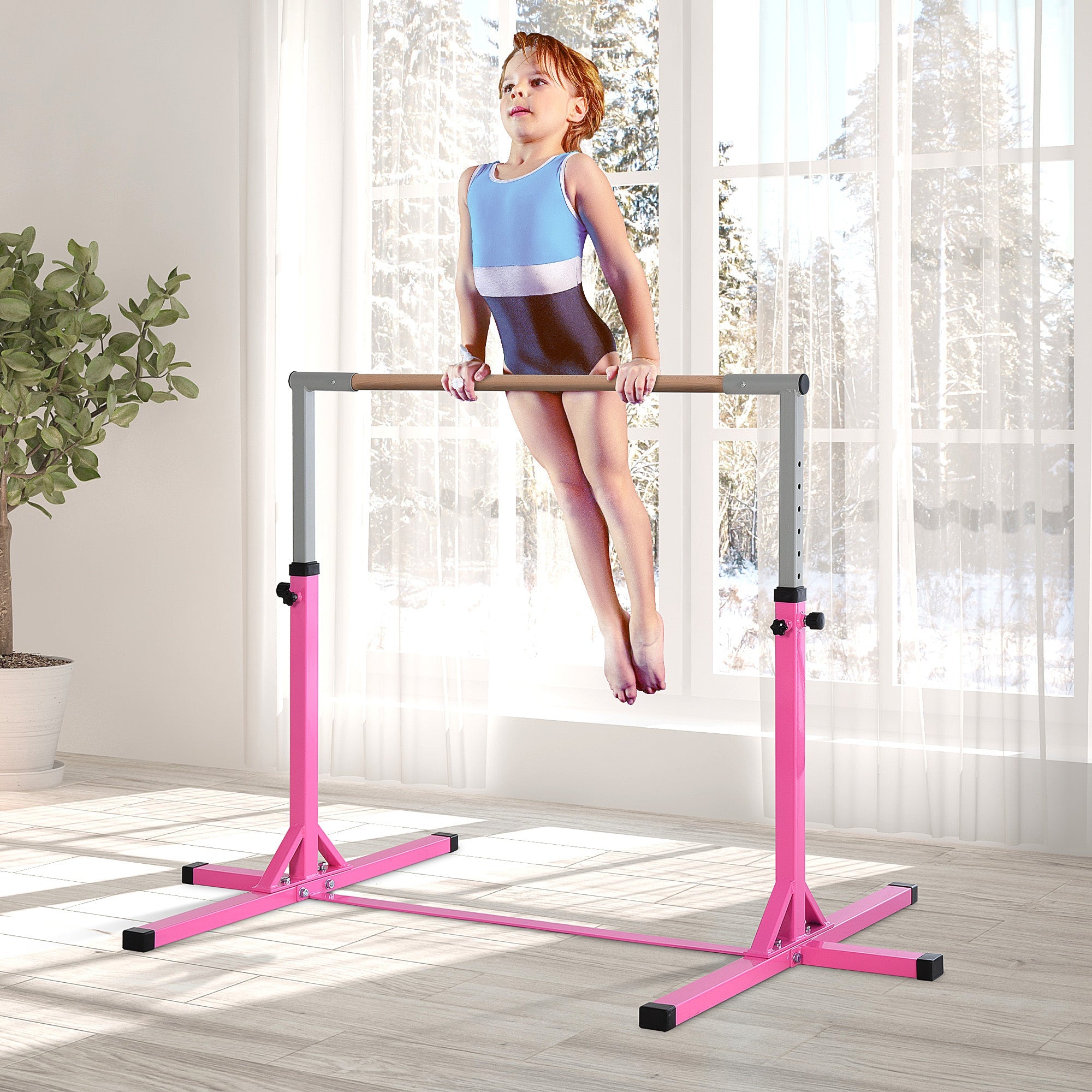 Steel Frame Adjustable Horizonal Gymnastics Bar for Kids Pink-1