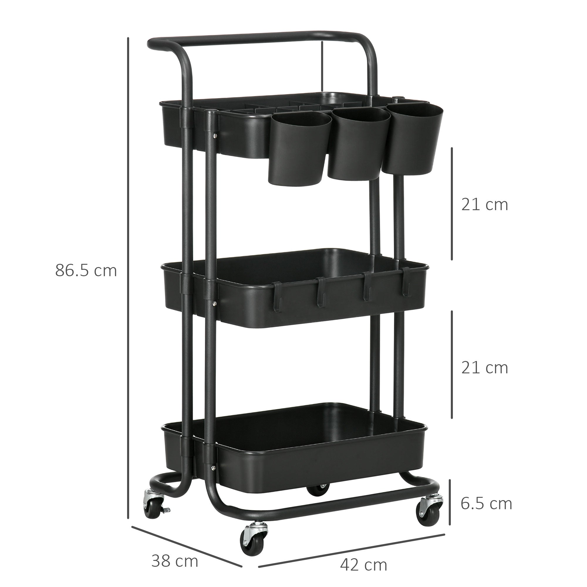 3 Tier Utility Rolling Cart, Kitchen Cart with 3 Removable Mesh Baskets, 3 Hanging Box, 4 Hooks and Dividers for Living Room, Laundry Black-2