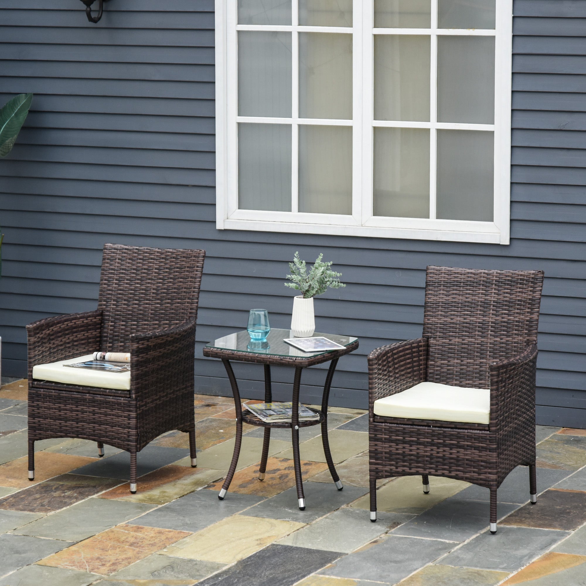 Garden Outdoor Rattan Furniture Bistro Set 3 PCs Patio Weave Companion Chair Table Set Conservatory (Brown)-1