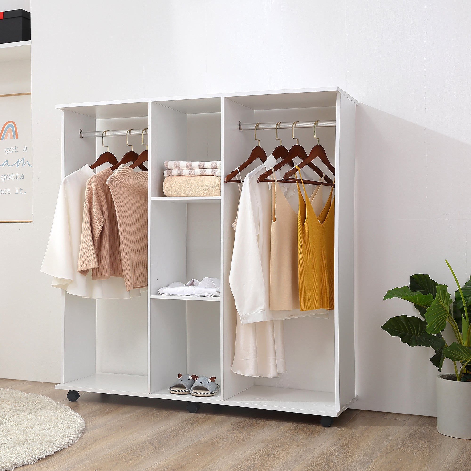 Double Mobile Open Wardrobe With Clothes Hanging Rails Storage Shelves Organizer Bedroom Furniture - White-1