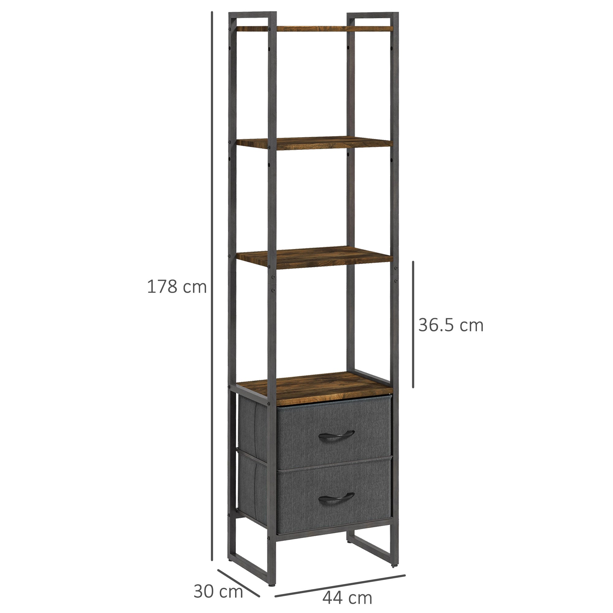 Industrial Bookcase 4-Tier Storage Shelf with 2 Fabric Drawers and Metal Frame for Living Room, Bedroom, Rustic Brown-2
