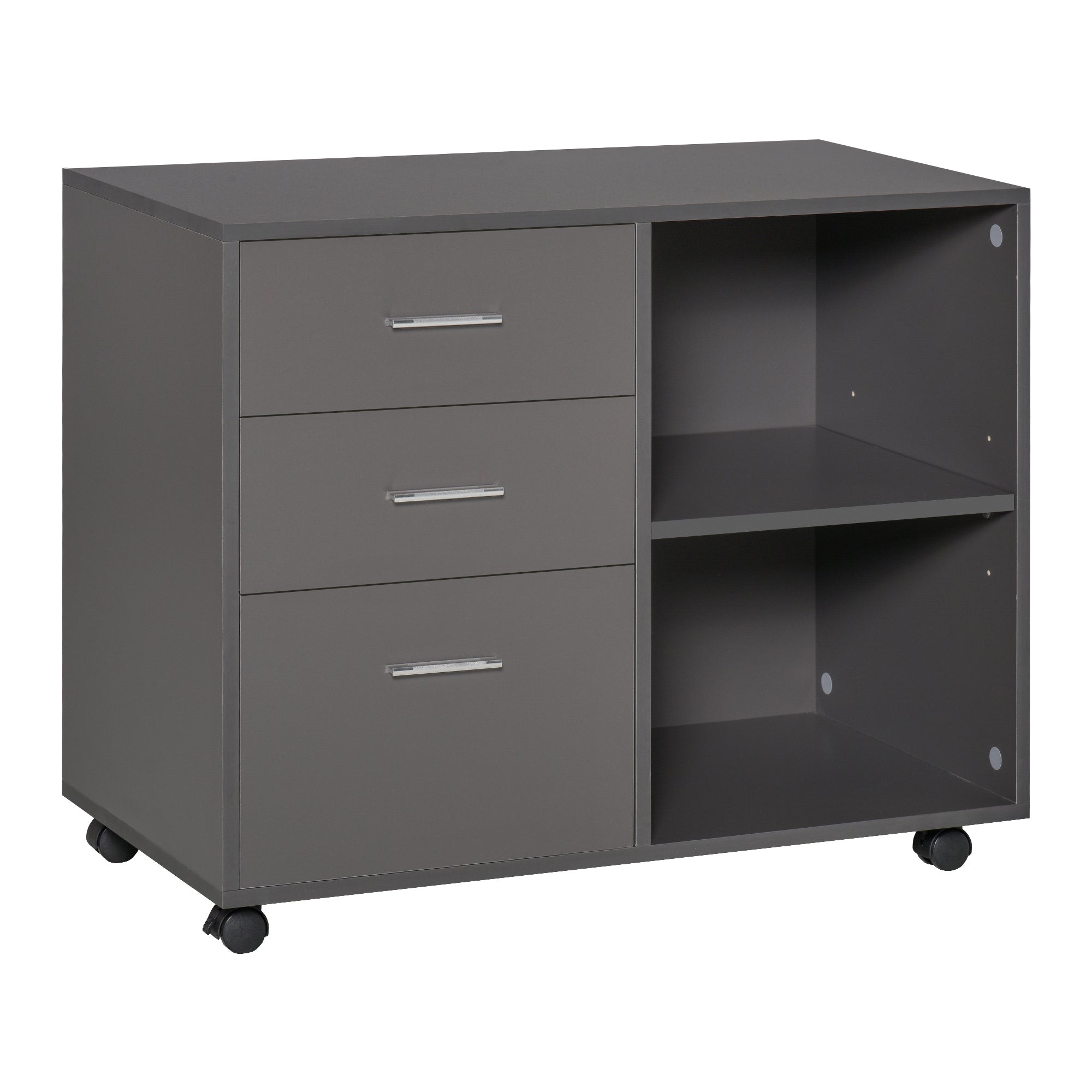 Freestanding Printer Stand Unit Office Desk Side Mobile Storage w/ Wheels 3 Drawers, 2 Open Shelves Modern Style 80L x 40W x 65H cm - Grey-0
