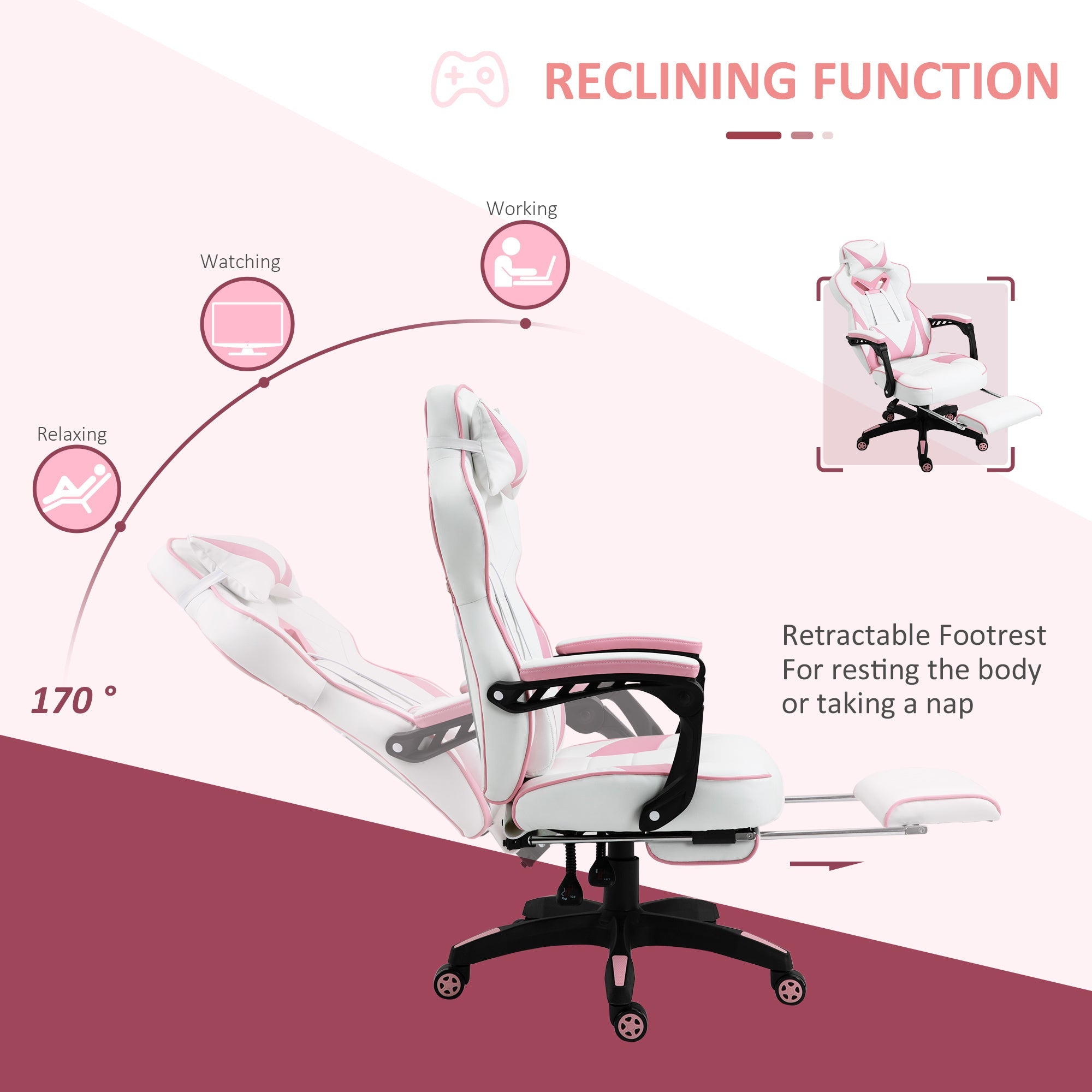 Ergonomic Racing Gaming Chair Office Desk Chair Adjustable Height Recliner with Wheels, Headrest, Lumbar Support, Retractable Footrest, Pink-4