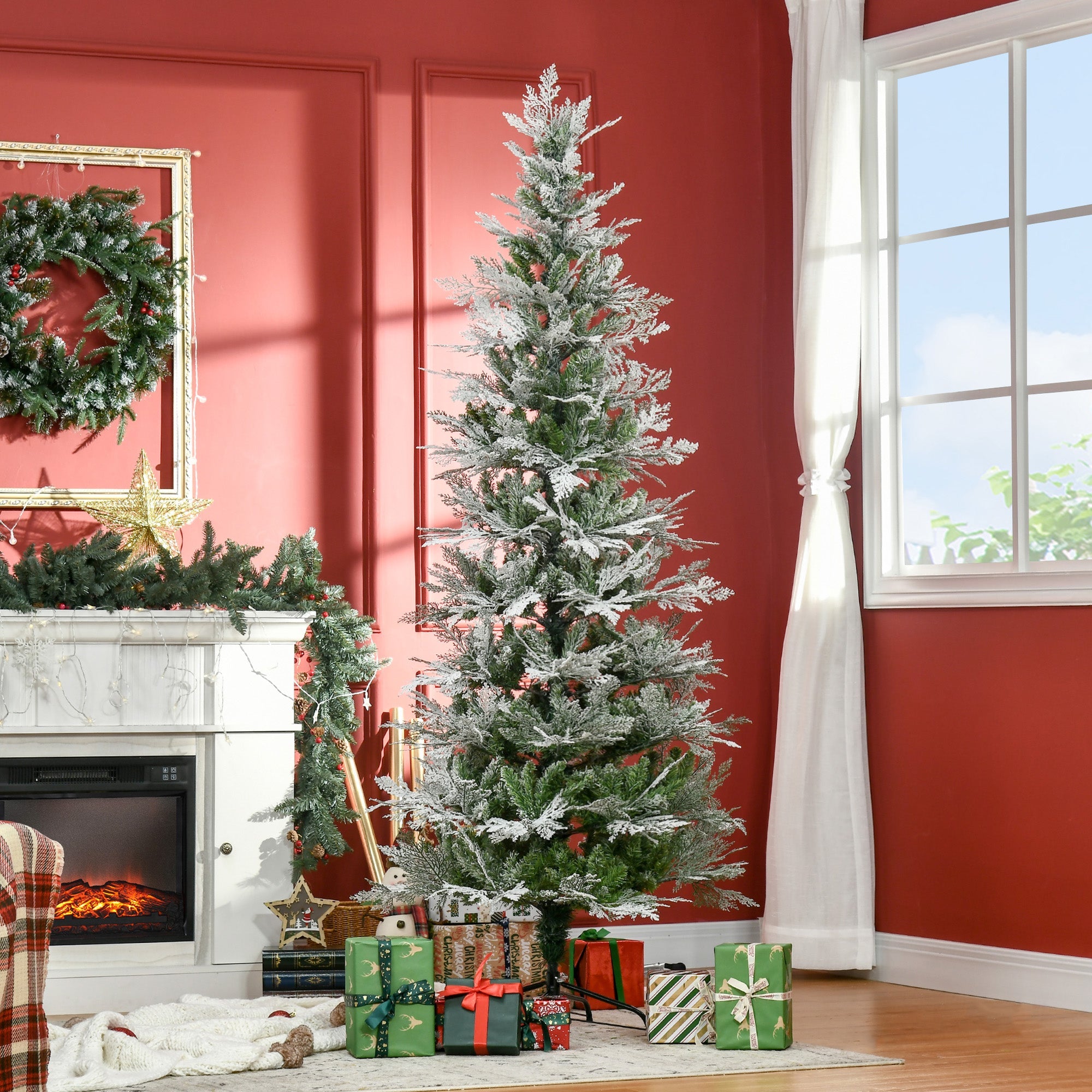 Pencil Snow Flocked Artificial Christmas Tree with Realistic Cypress Branches, Auto Open, Green-1