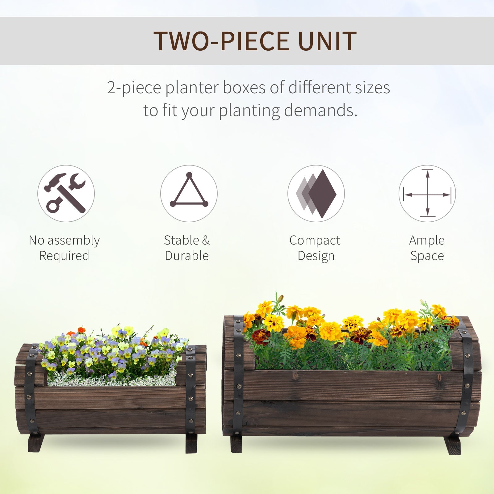 2PCs Wooden Planter Box Flower Plant Pot Outdoor & Indoor Flower Beds Plant Box with Solid Wood Carbonized Colour-3