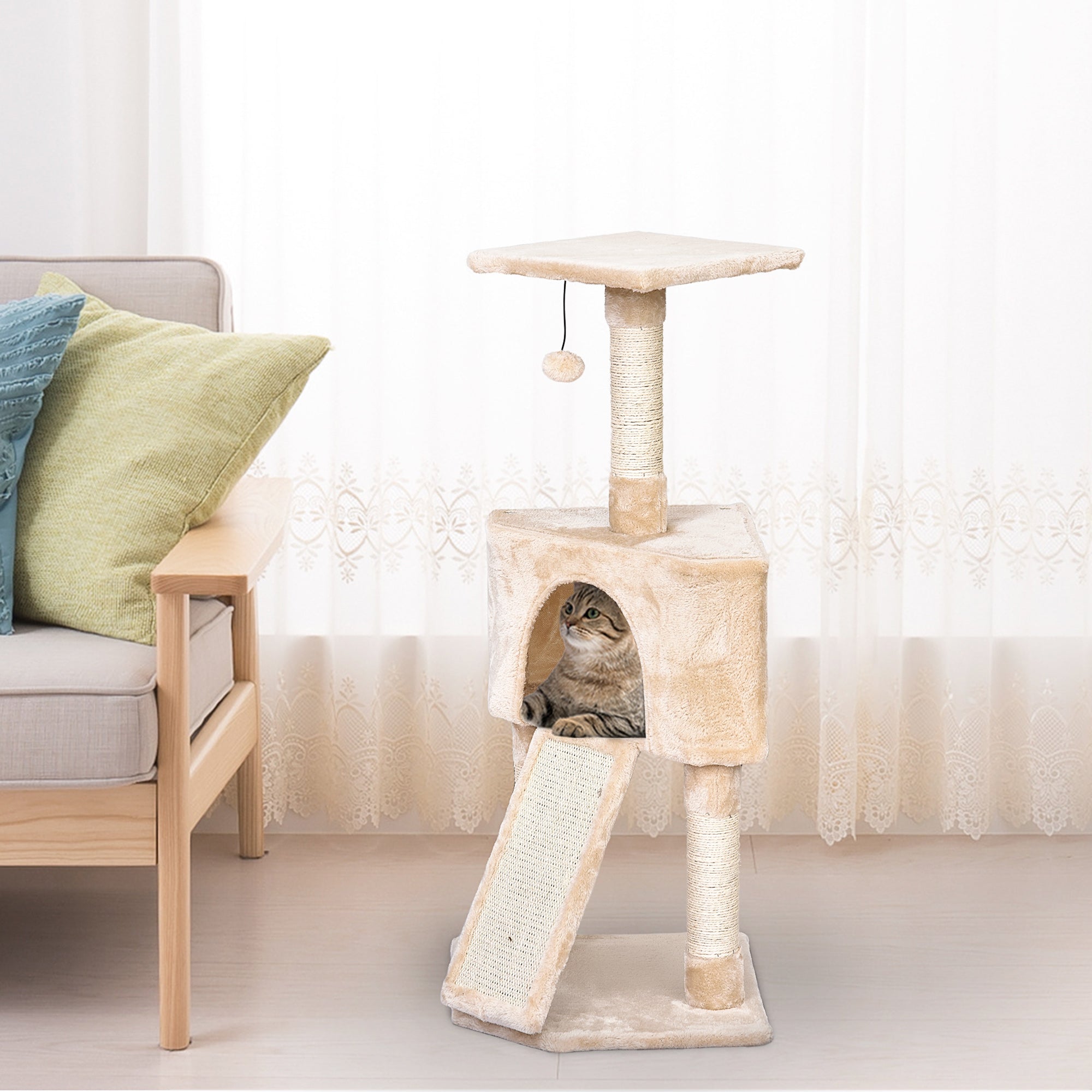 Cats 3-Tier Sisal Rope Scratching Post w/ Dangle Toy Beige-1