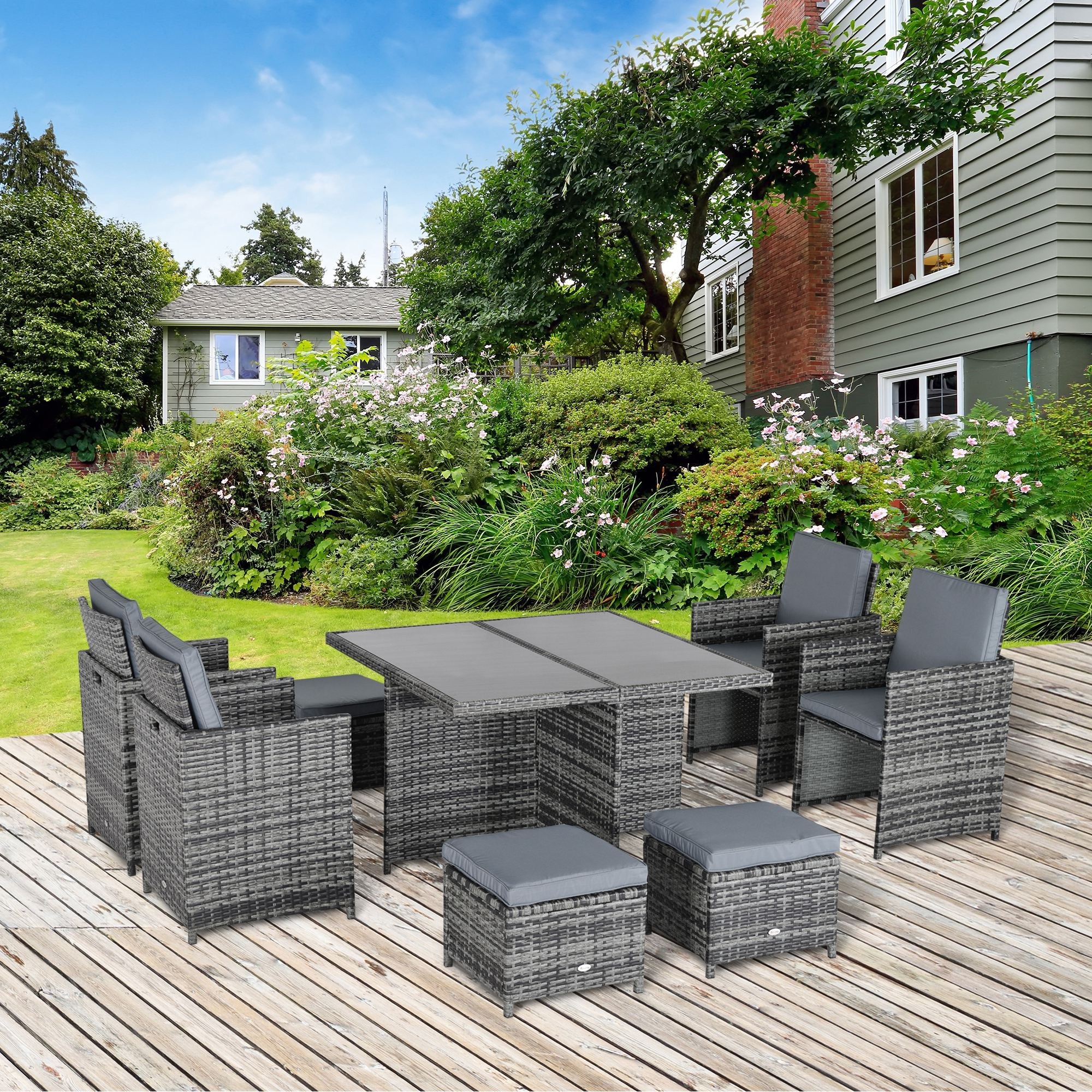 9PC Rattan Dining Set Garden Furniture 8-seater Wicker Outdoor Dining Set Chairs + Footrest + Table Thick Cushion - Grey-0