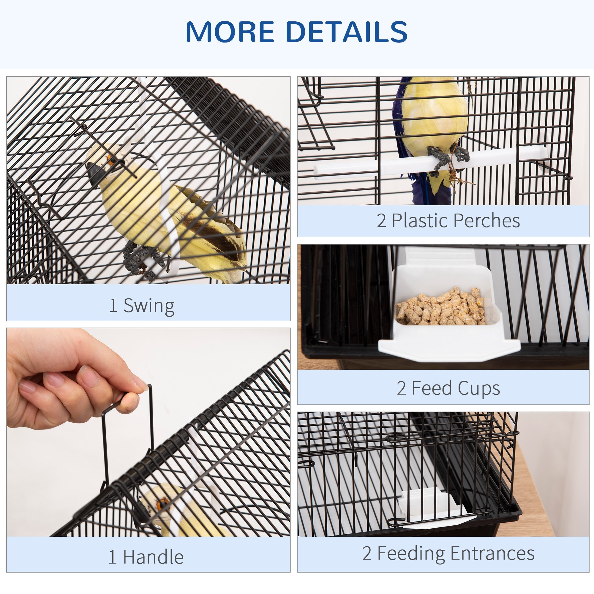 Metal Bird Cage with Stand for Parrot Cockatiel Budgie Finch Canary Food Containers Swing Ring Tray Handle Small Black 39 x 33 x 47 cm-3