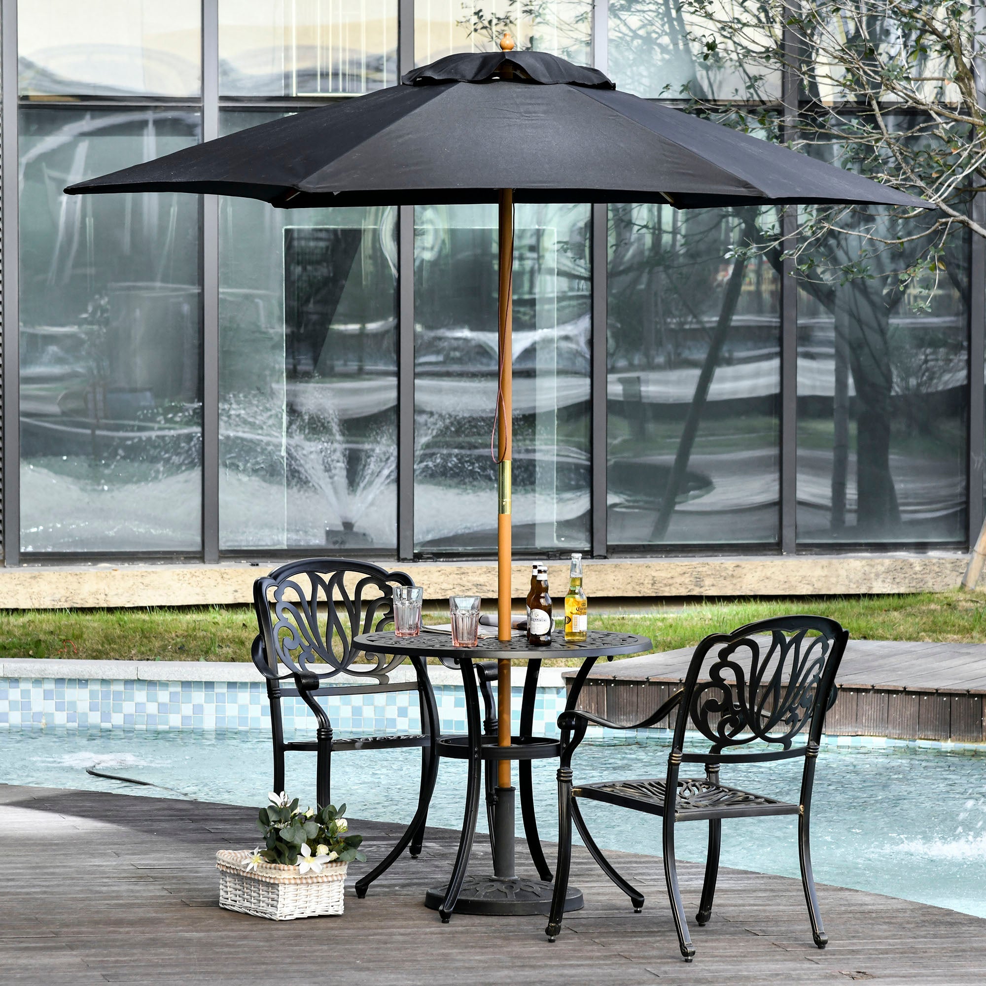 2.5m Wood Garden Parasol Sun Shade Patio Outdoor Wooden Umbrella Canopy Black-1