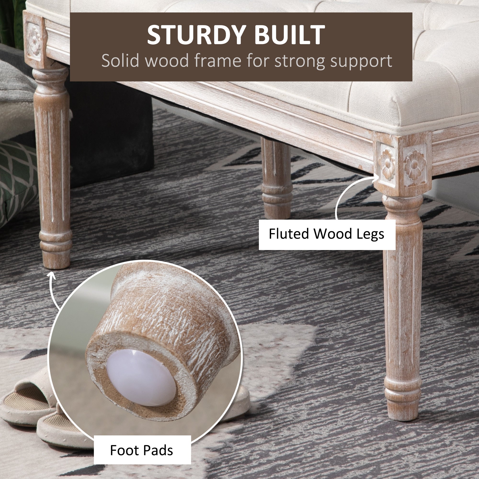 Accent Bench Tufted Upholstered Foot Stool Linen-Touch Fabric Ottoman for Living Room, Bedroom, Hallway, Beige-4