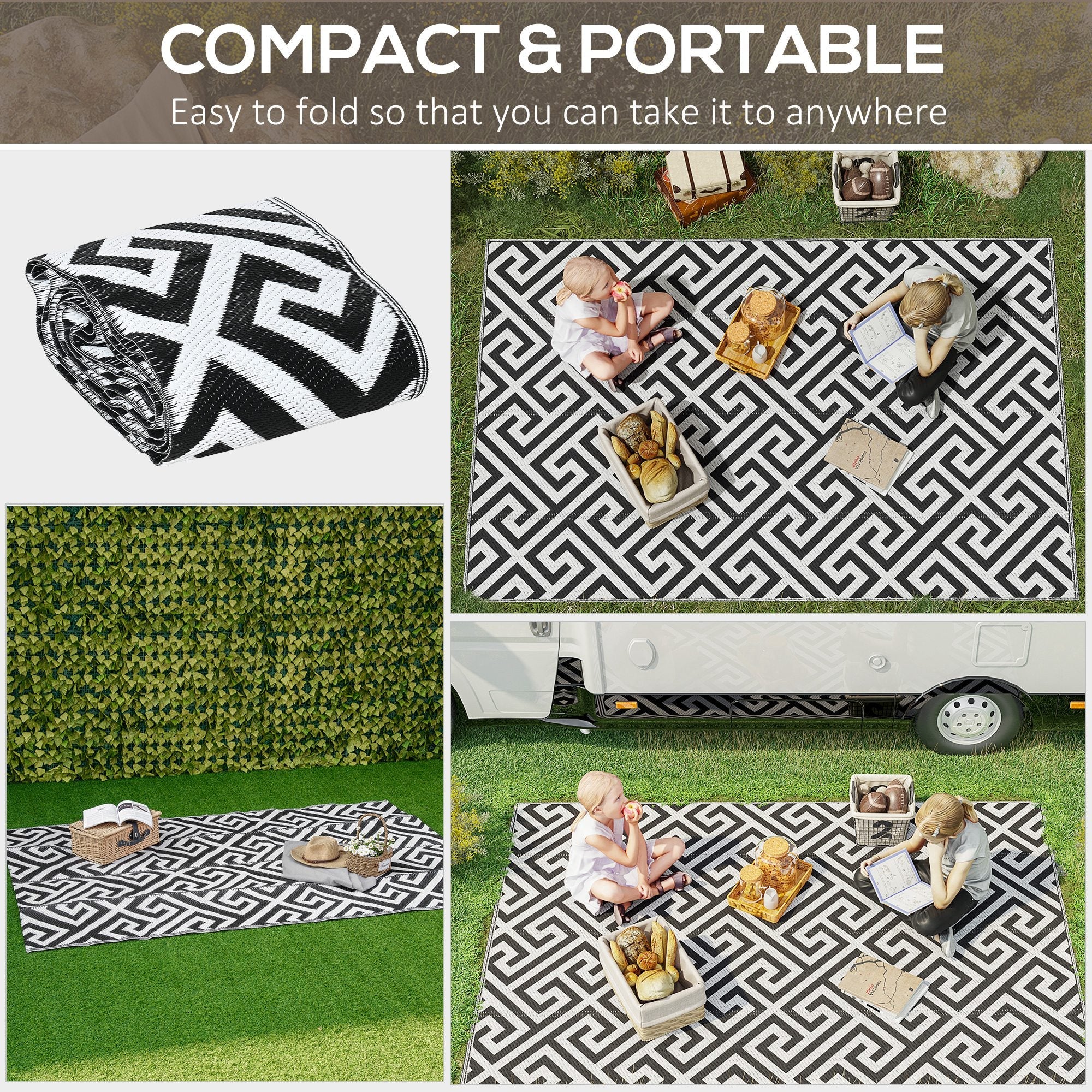 152 x 243 cm(5x 8ft) Outdoor Rug Reversible Mat Plastic Straw Rug Portable RV Camping Mat for Garden Deck Picnic Indoor, Black & White-3
