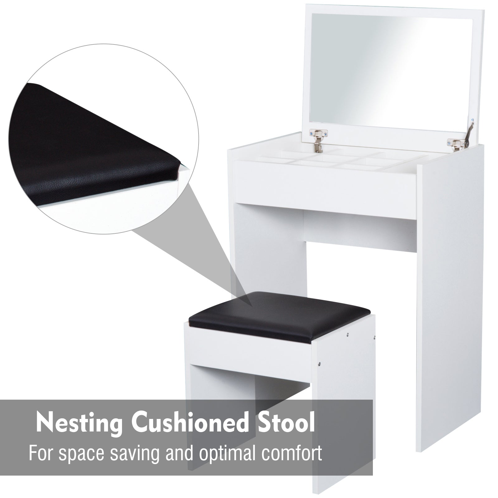 Dressing Table Set Padded Stool Dresser with Flip-up Mirror Multi-purpose - White-3