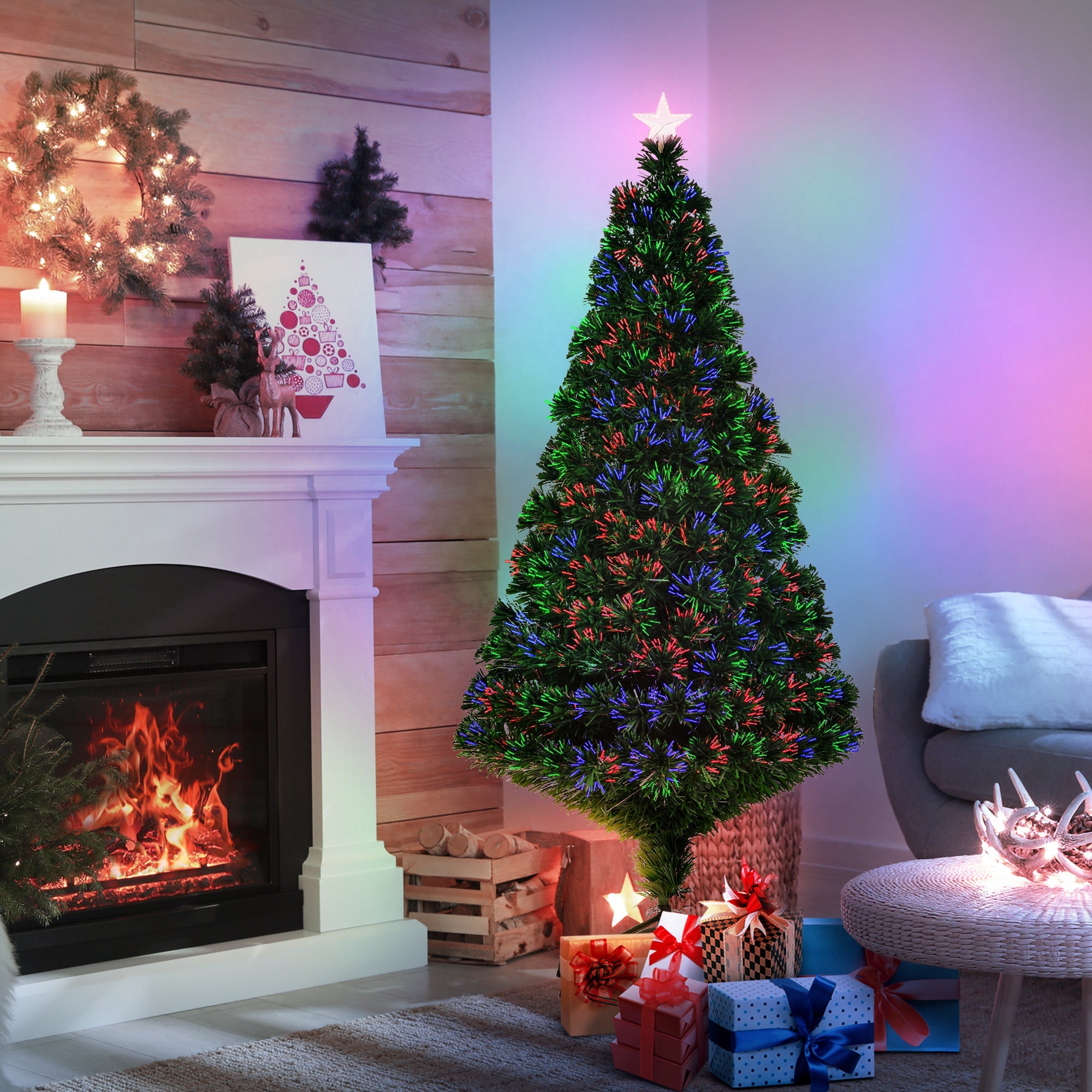 5FT Green Fiber Optic Xmas Tree Pre-Lit Fibre Optic Artificial Christmas Tree Multi-Colour-0