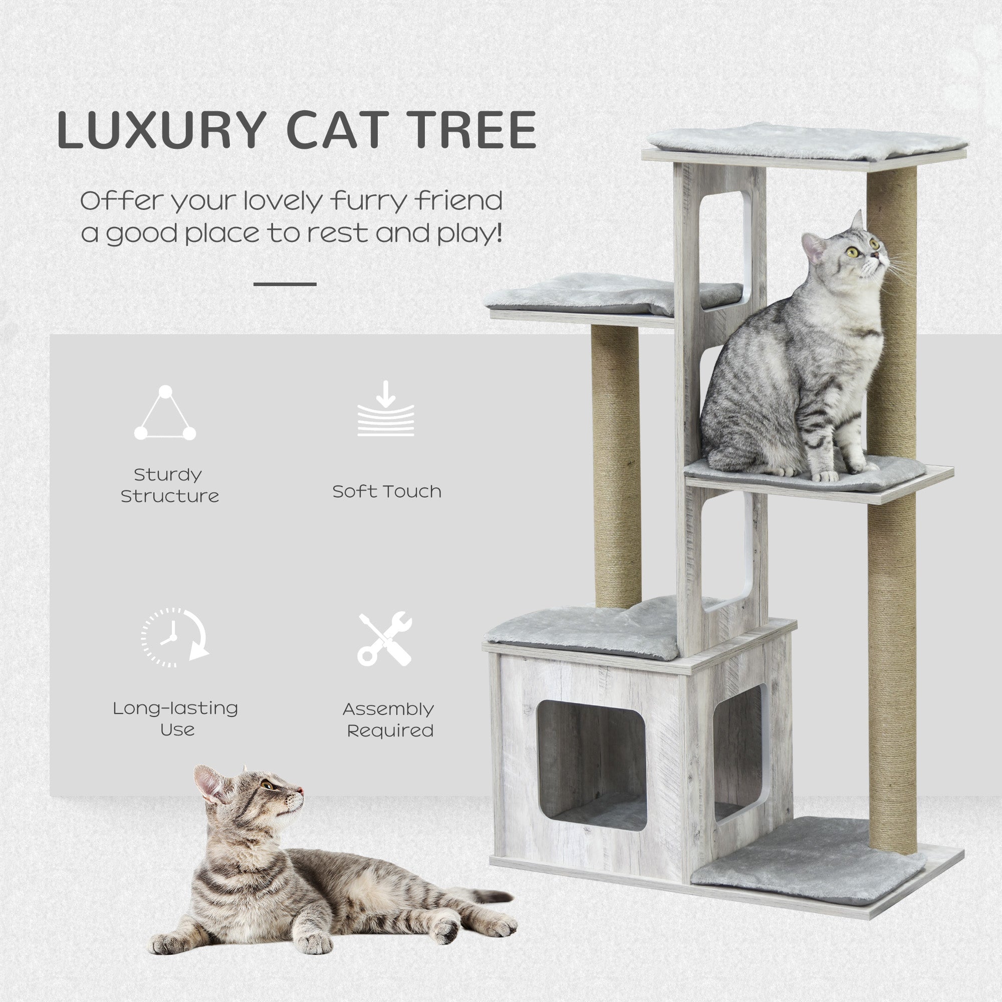 114cm Cat Tree for Indoor Large Cats Condo Jute Scratching Post Cat Tower Kitten Play House Activity Center Furniture Grey-3