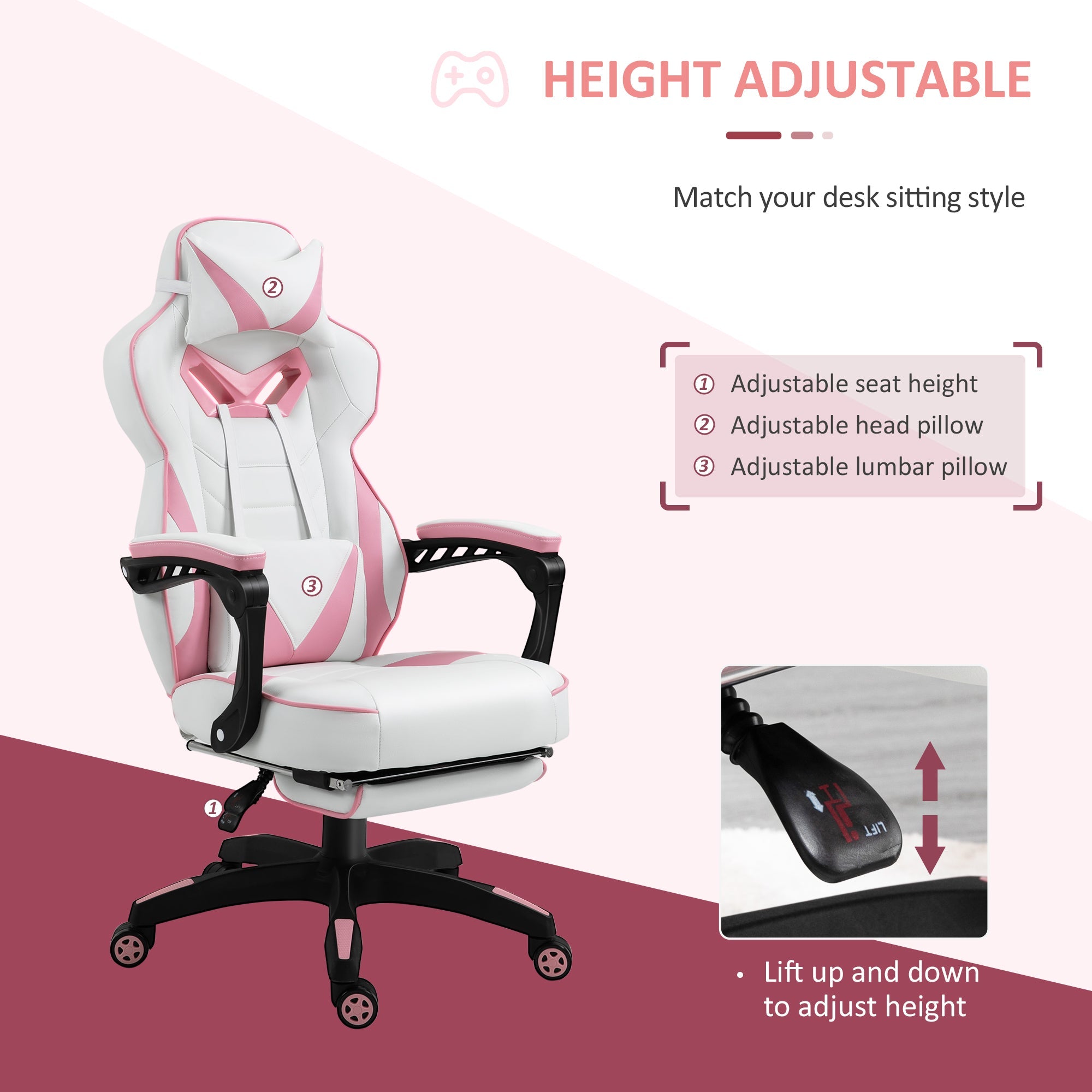Ergonomic Racing Gaming Chair Office Desk Chair Adjustable Height Recliner with Wheels, Headrest, Lumbar Support, Retractable Footrest, Pink-3