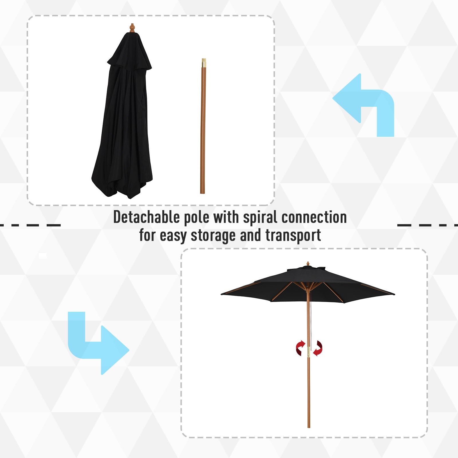 2.5m Wood Garden Parasol Sun Shade Patio Outdoor Wooden Umbrella Canopy Black-3