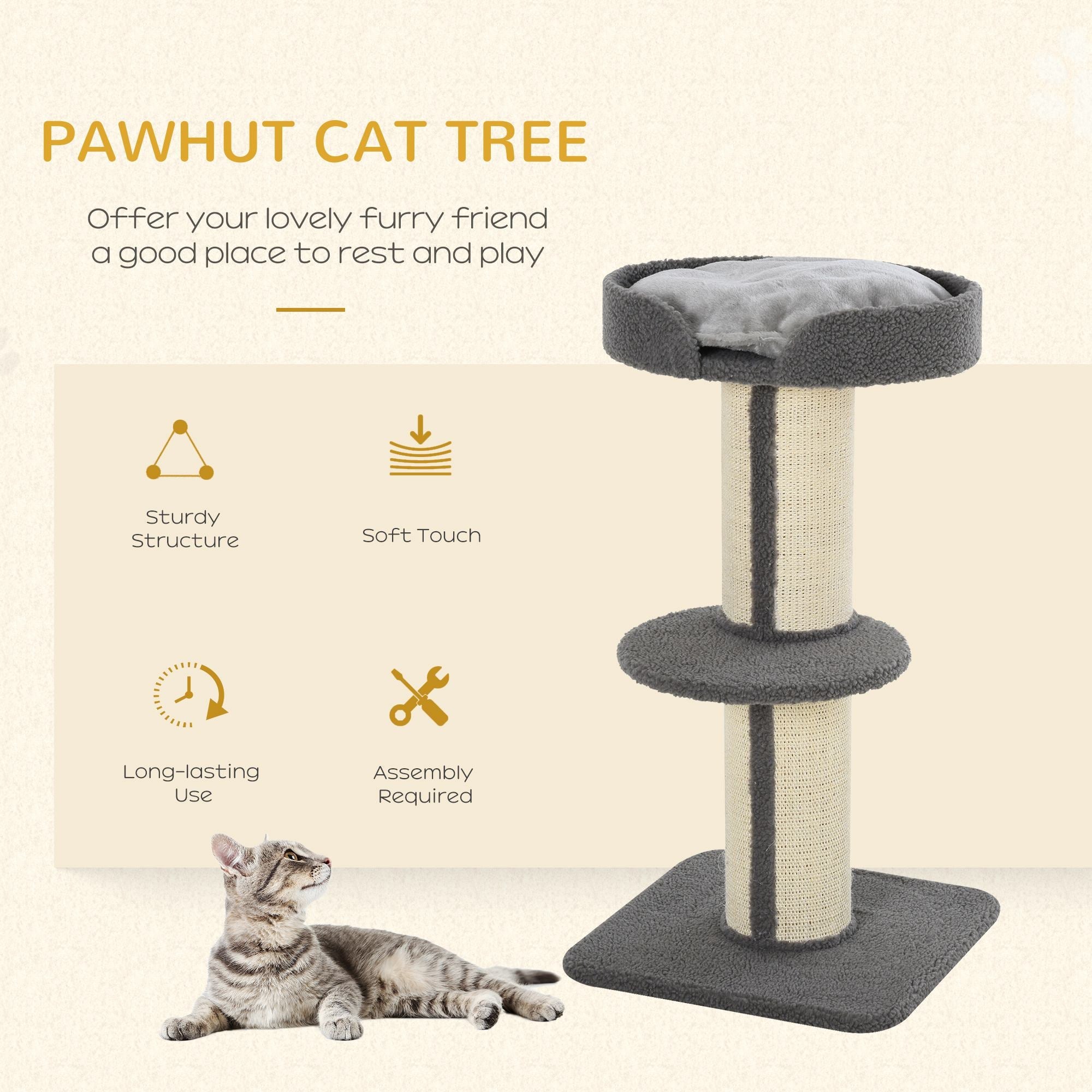 81cm Cat Tree with Sisal Scratching Post, Cat Tower Kitten Activity Center climbing frame with large platform Lamb Cashmere Perch, Grey-3