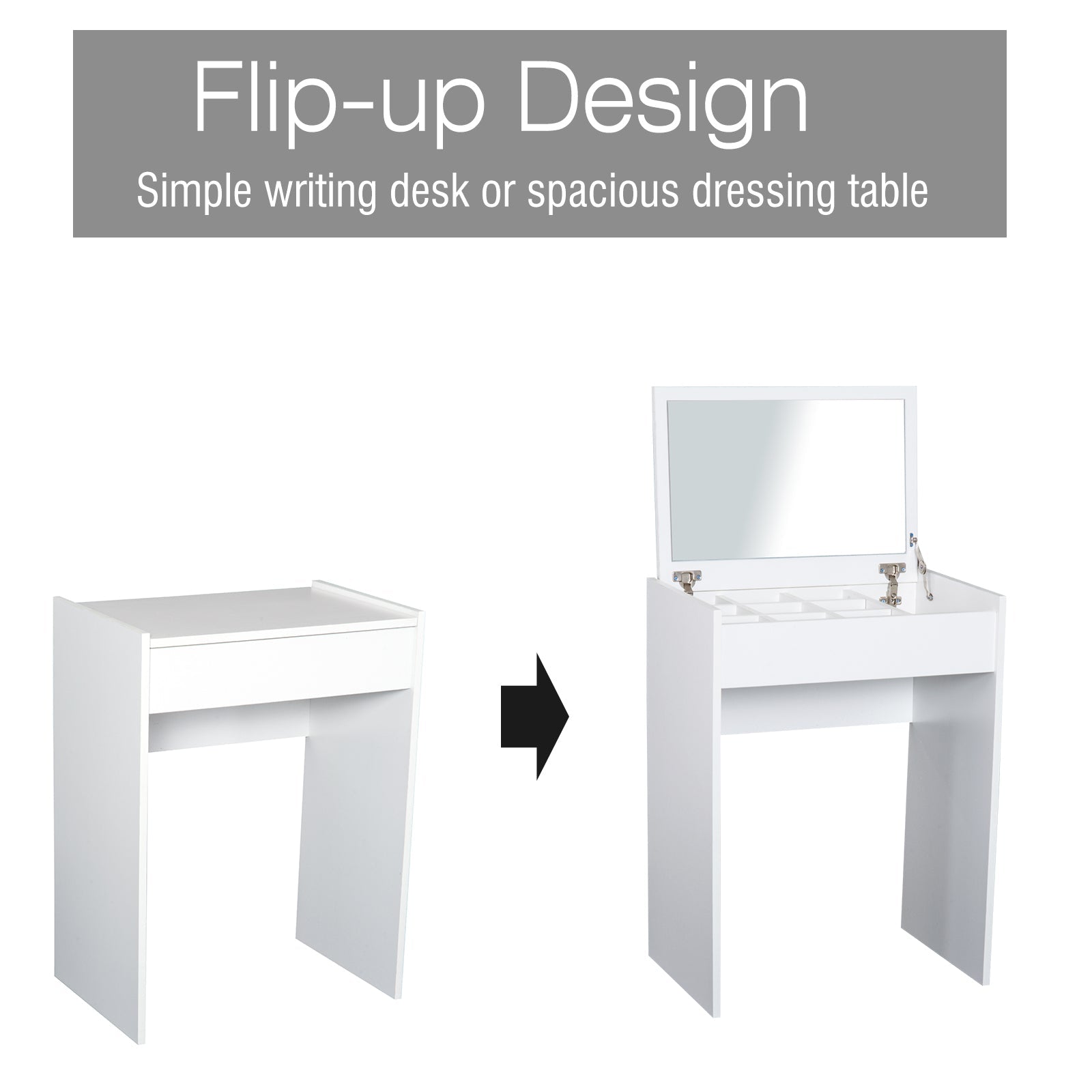 Dressing Table Set Padded Stool Dresser with Flip-up Mirror Multi-purpose - White-4