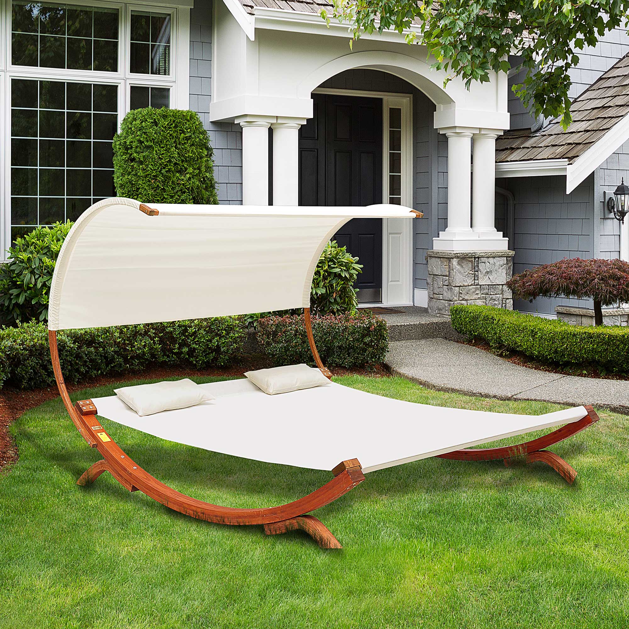 Hammock Chaise Day Bed with Canopy Wooden Double Sun Lounger - Cream-1