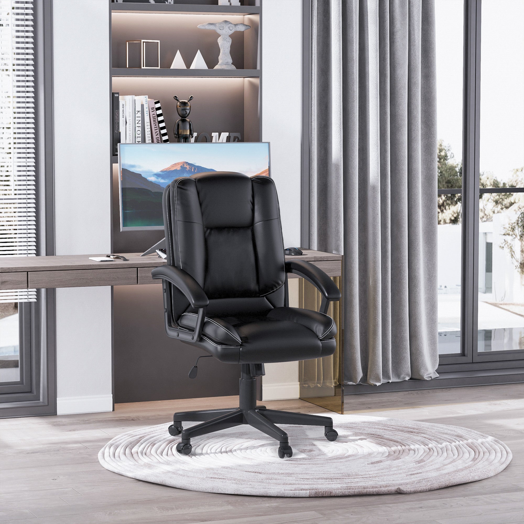 Swivel Executive Office Chair Mid Back Faux Leather Computer Desk Chair for Home with Double-Tier Padding, Arm, Wheels, Black-1