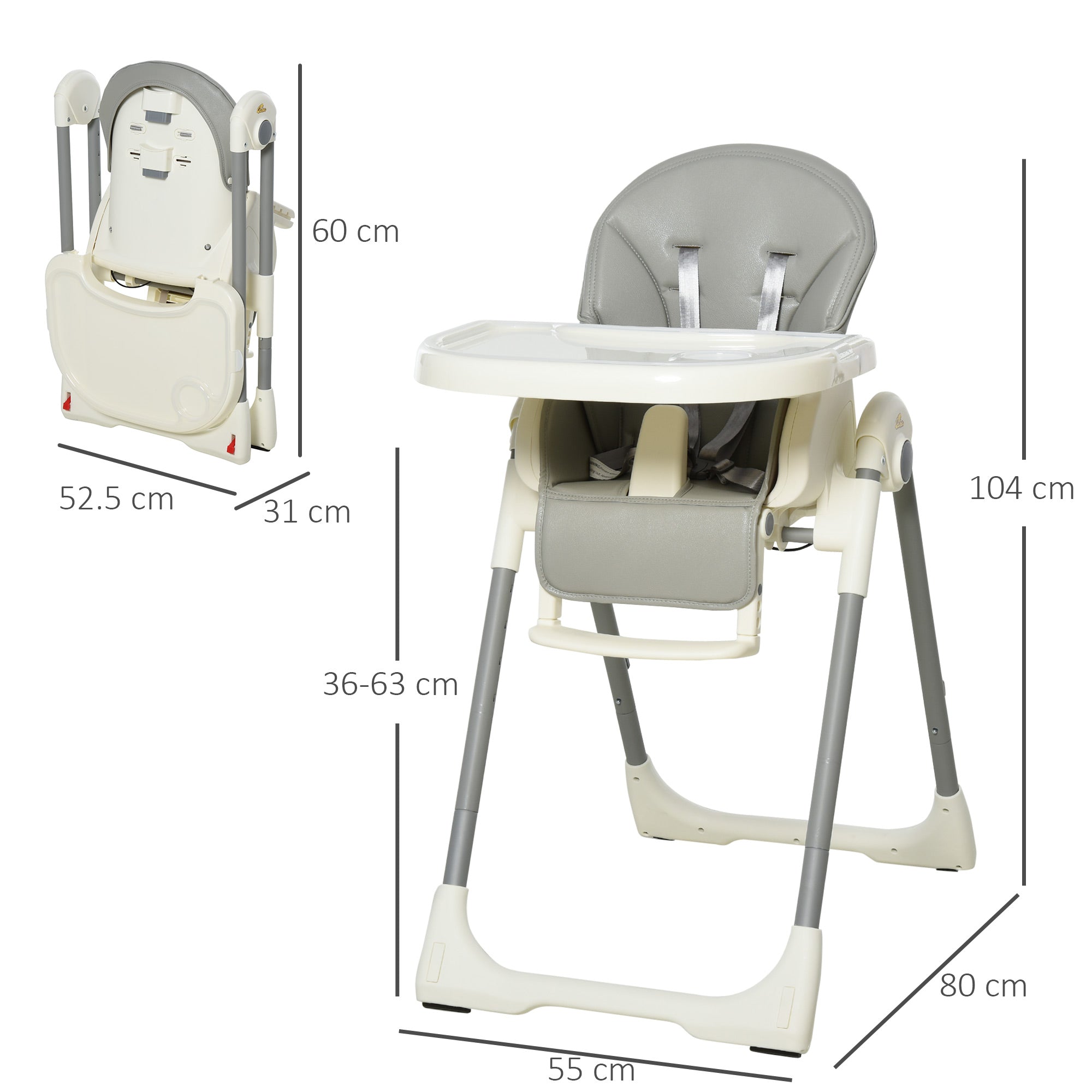 Foldable Baby High Chair Convertible to Toddler Chair Height Adjustable with Removable Tray 5-Point Harness Mobile with Wheels Grey-2